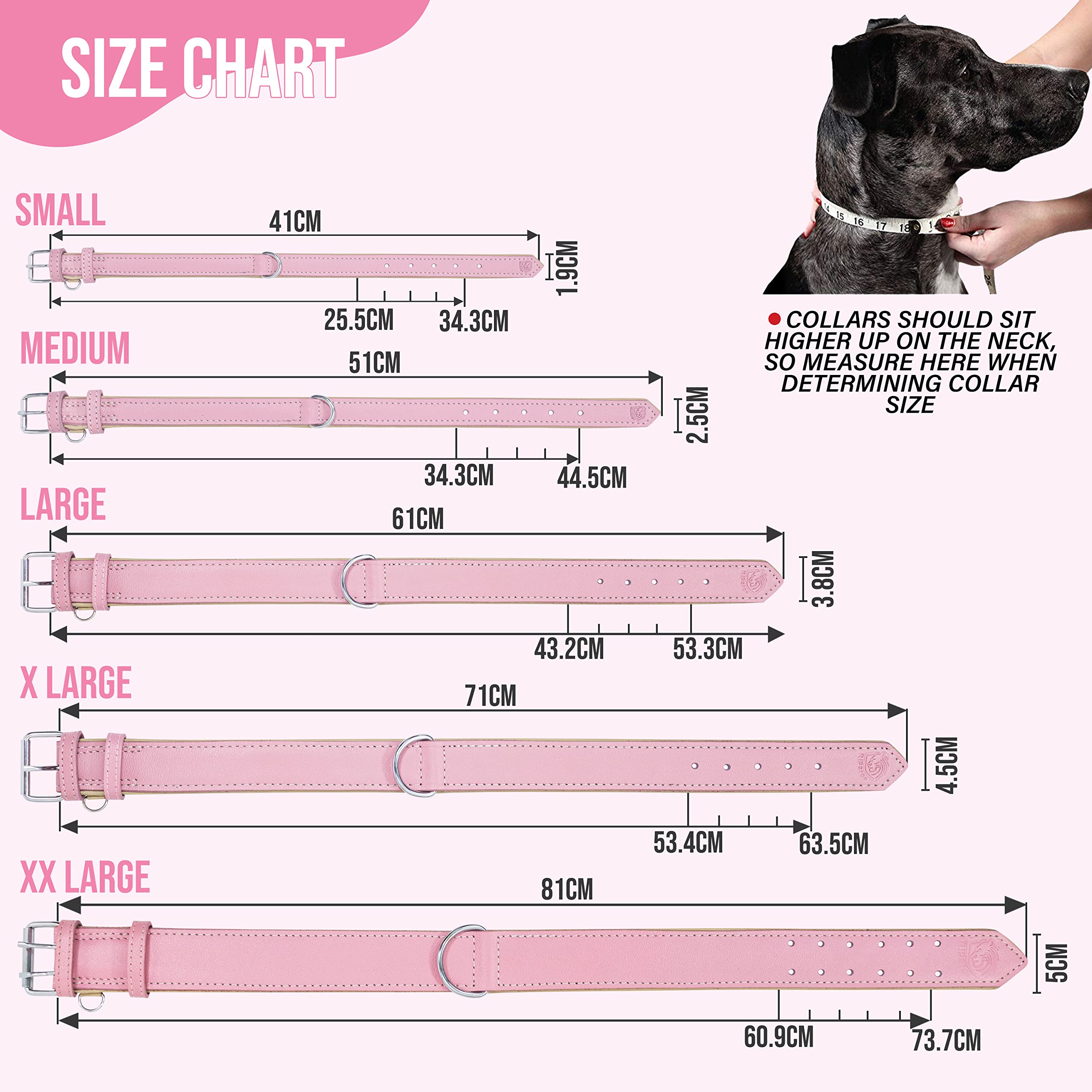 Riparo Genuine Leather Pink Dog Collar Heavy Duty K-9 Adjustable Dog Collar (L: 1.5'' Wide For 17''-21'' Neck, Pink)