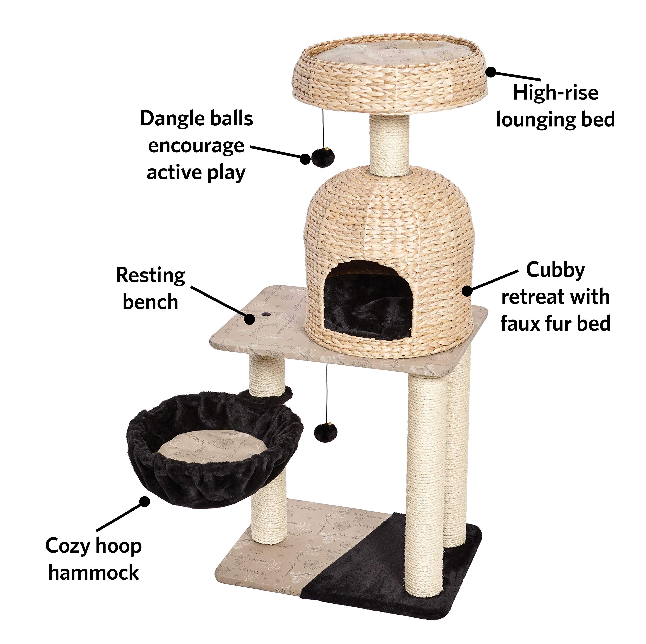 Midwest Homes For Pets Cat Tree | Reid Cat Furniture, 3-Tier Cat Activity Tree W/ Sisal Wrapped Support Scratching Posts & Dangle Play Balls, Woven Rattan & Script Medium Cat Tree