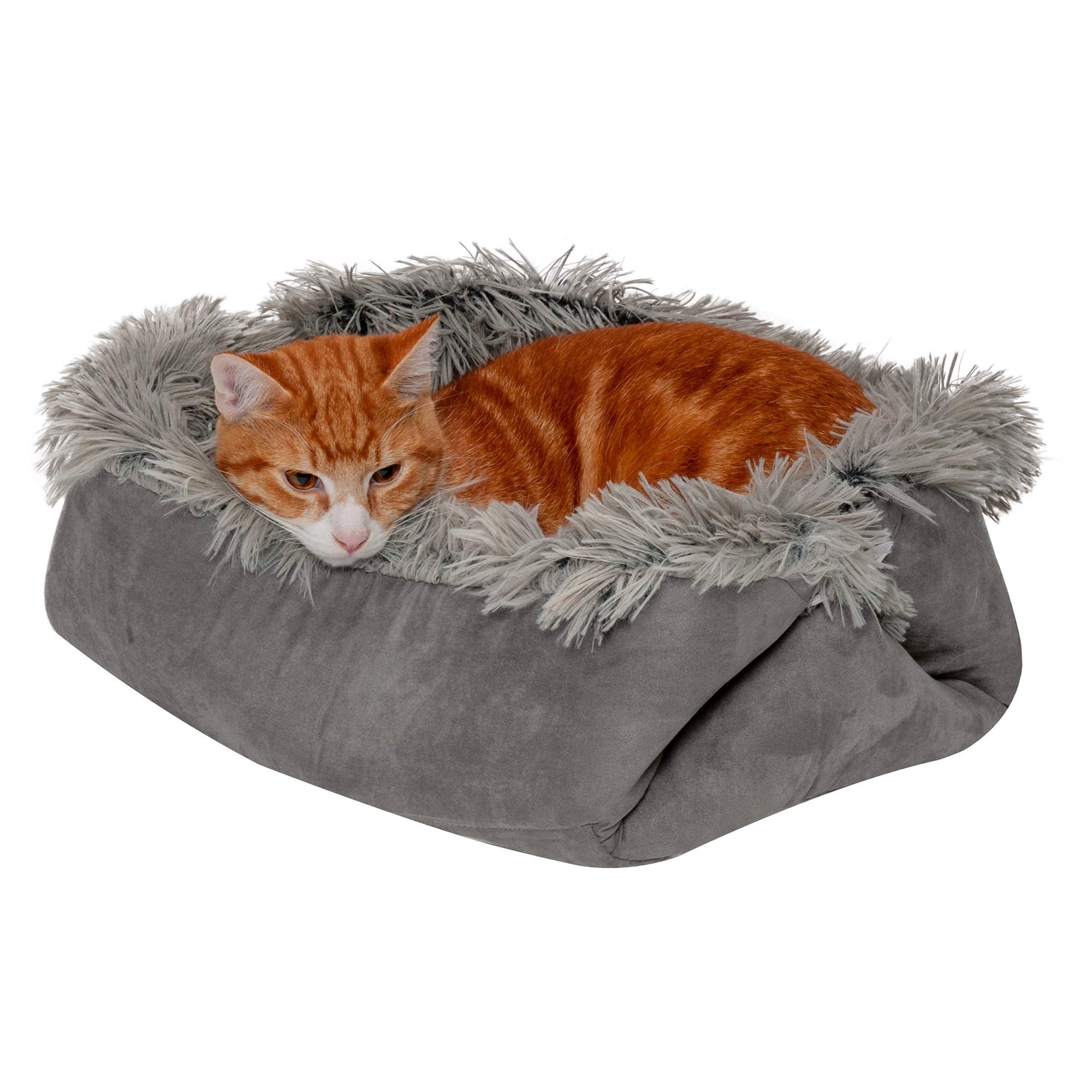 Furhaven Self-Warming Cat Bed for Indoor Cats, 4-Beds-in-1 & Washable - Plush Long Faux Fur Convertible Cuddler - Gray, Small