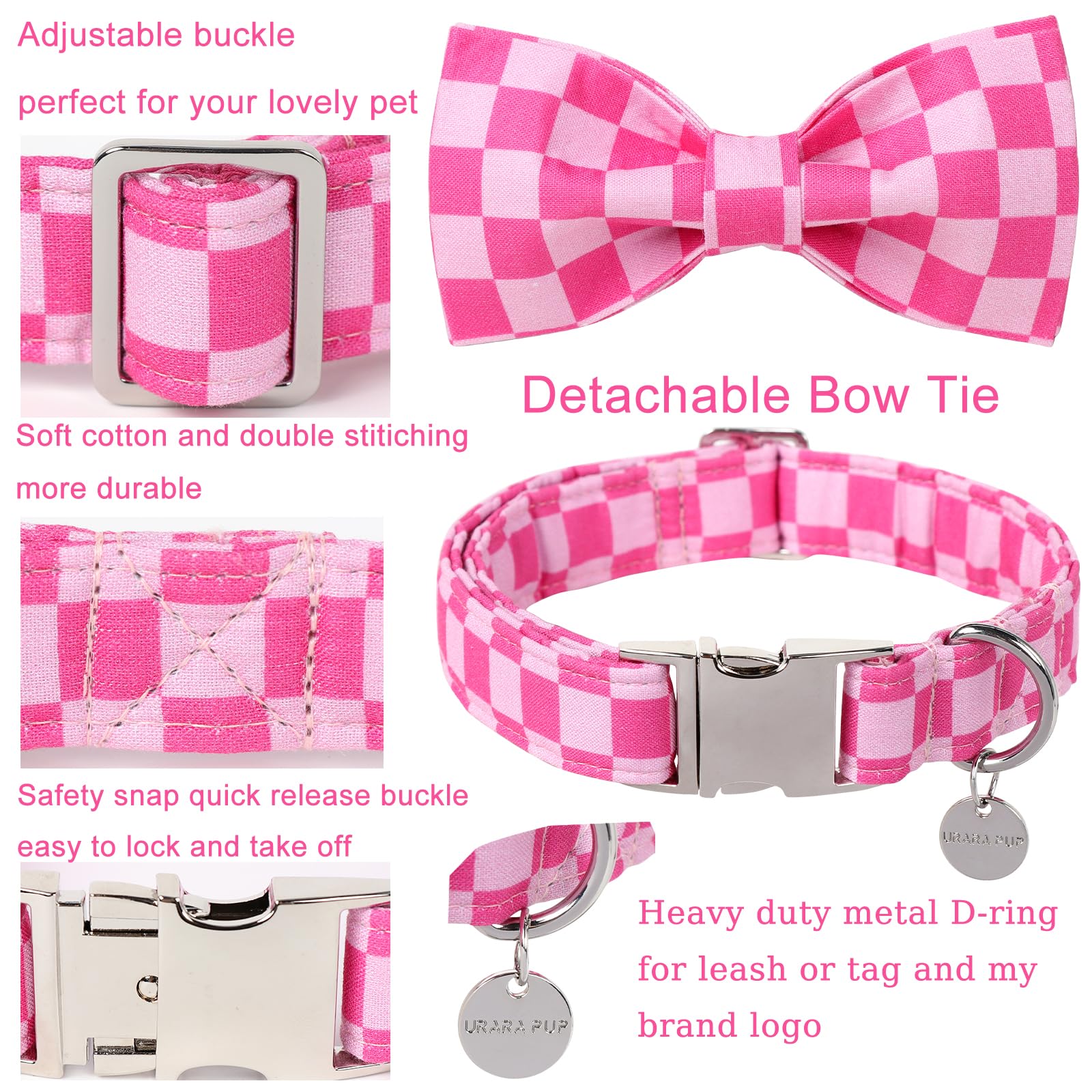 Up Urara Pup Dog Collar With Bow Tie,Pink Bow Dog Collar With Adjustable Buckle,Cotton Puppy Collar For Small,Medium,Large Dogs,