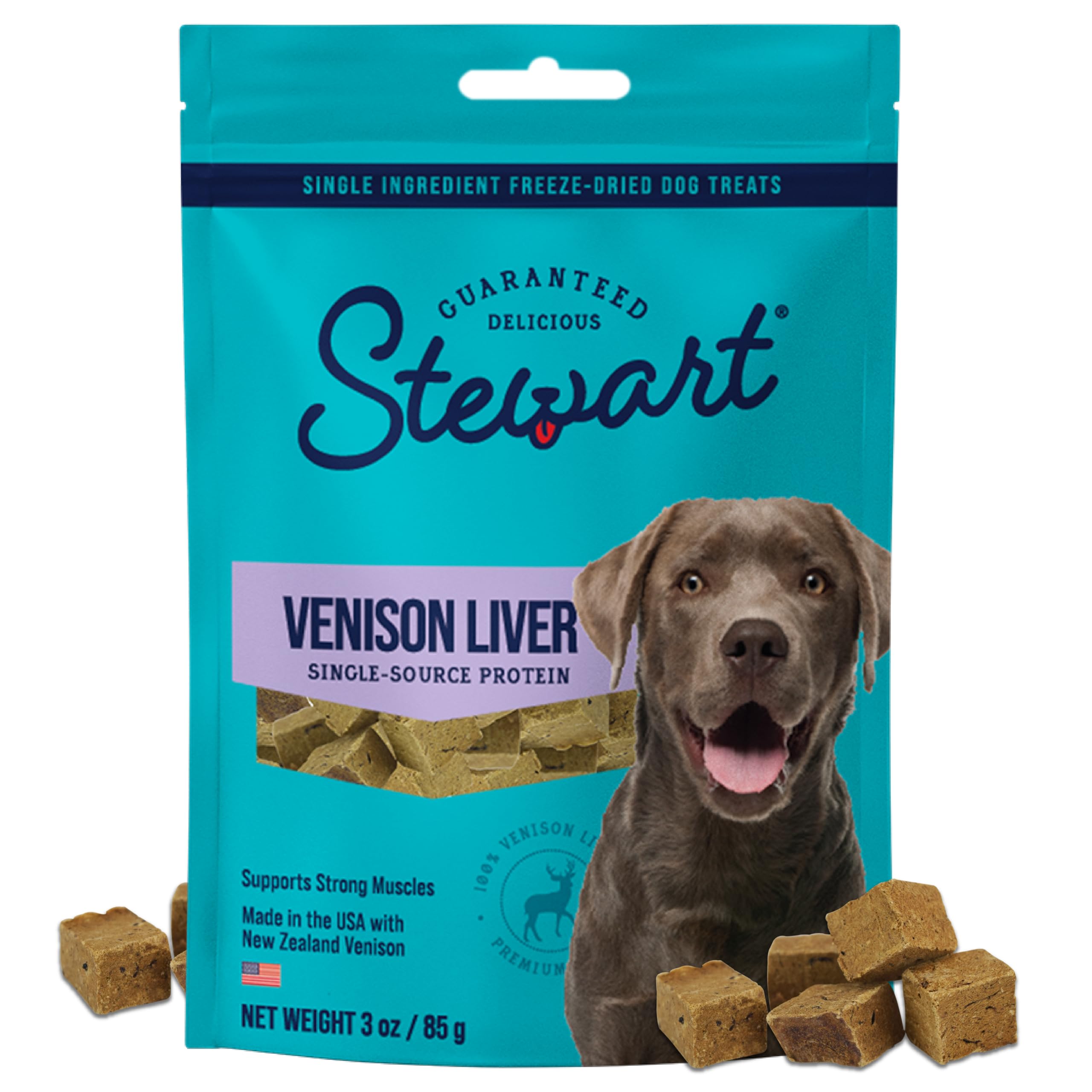 Stewart Single Ingredient Freeze Dried Raw Dog Treats, Venison Liver, 3 Ounce Resealable Pouch, Training Treats or Meal Topper D