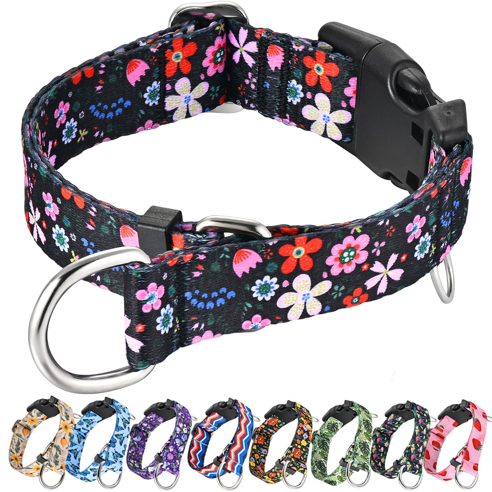 Fidohug Martingale Collar For Dogs With Buckle Adjustable Nylon Floral Slip No Pull Training Dog Collars (Black Pink Red, Small)