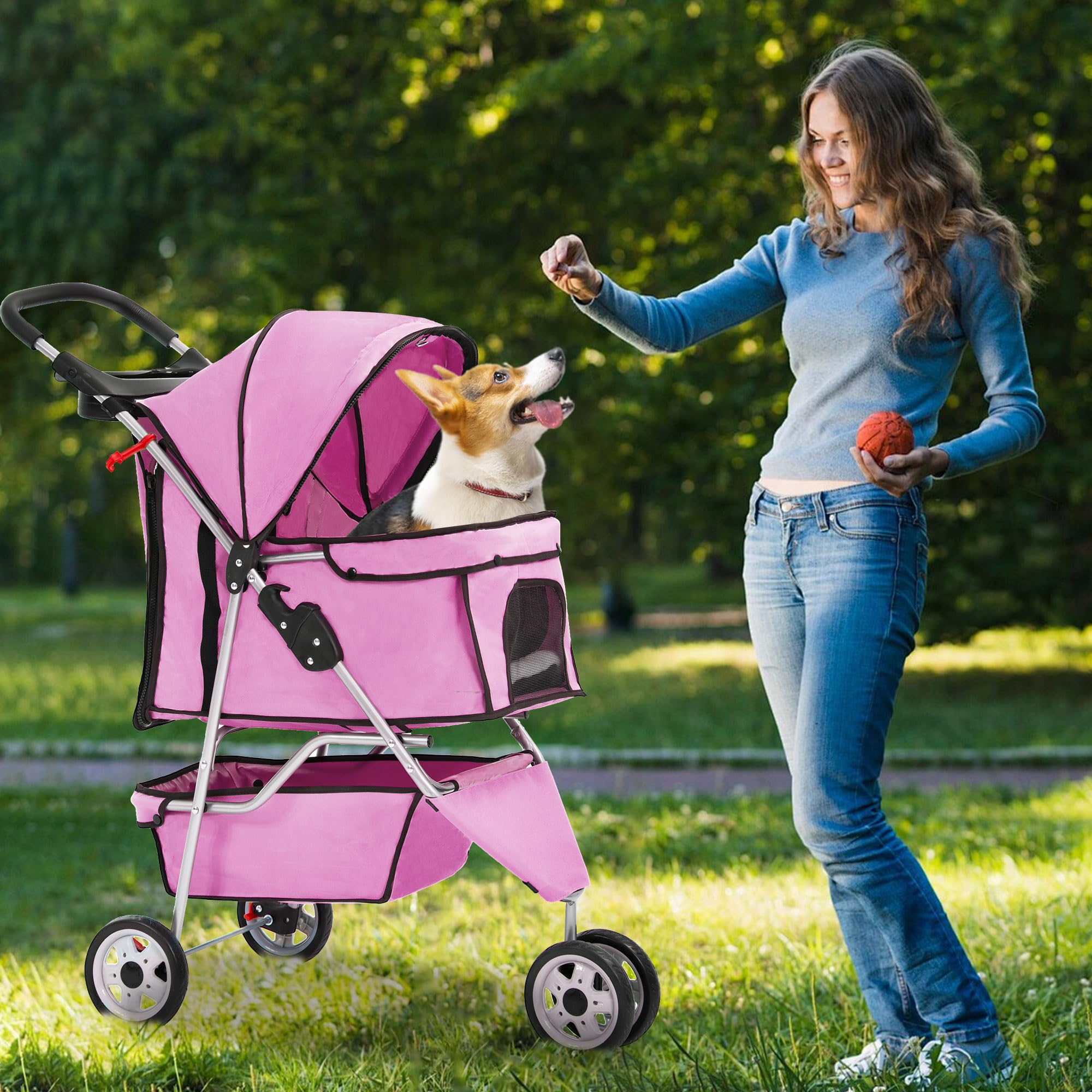 FDW 3-Wheel Pet Stroller Foldable Dog Cat Jogger Stroller Durable Travel Folding Carrier with Storage Basket Cup Holder,Peach Pi