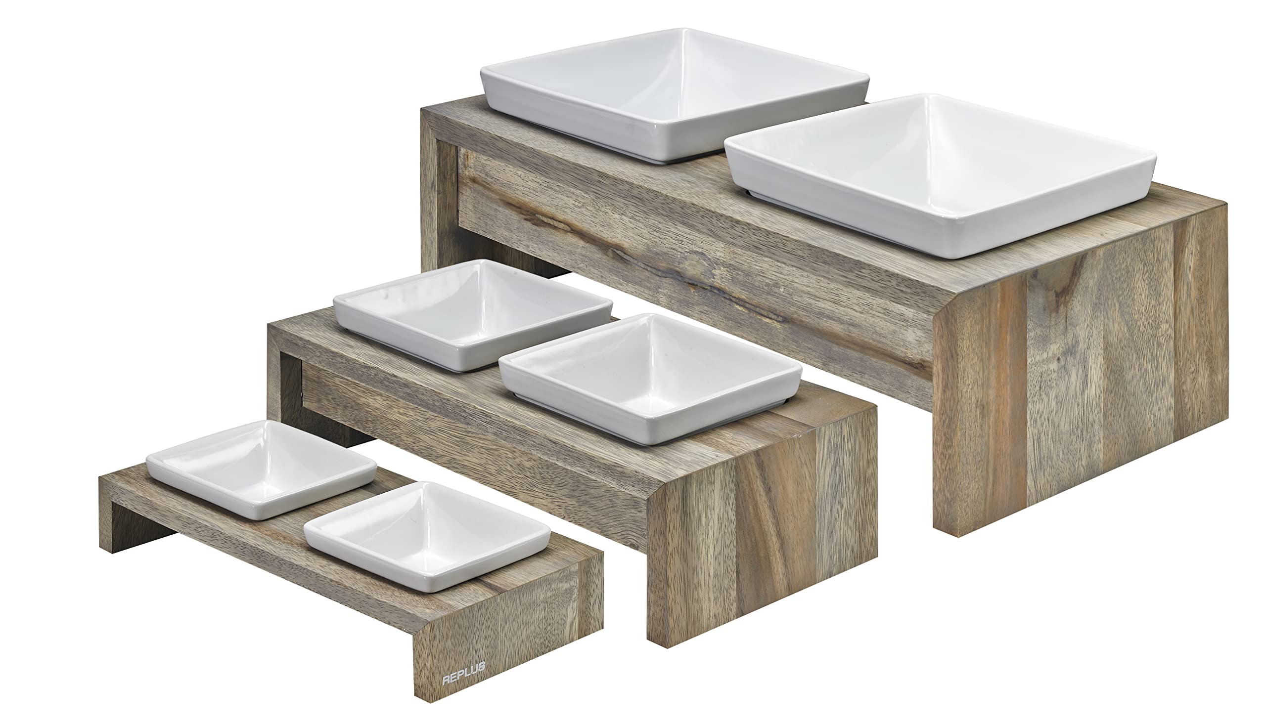 Bowsers Artisan Diner Double Dog Feeder - Handcrafted Rubberwood Frame With Square Ceramic Bowls Feeder For Dogs - Fossil, Extra Small, 12' X 6' X 2'