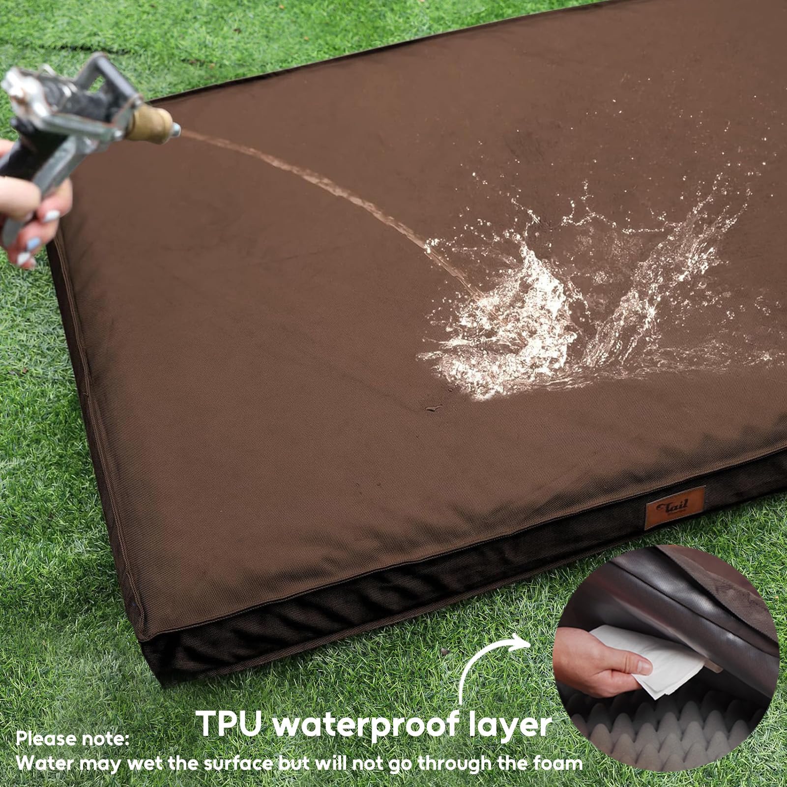 Tail Stories Outdoor Waterproof Dog Bed - Large Orthopedic Egg Crate Foam, 36x27 Inch, Brown, Model TSUS210916R3LG-FBA