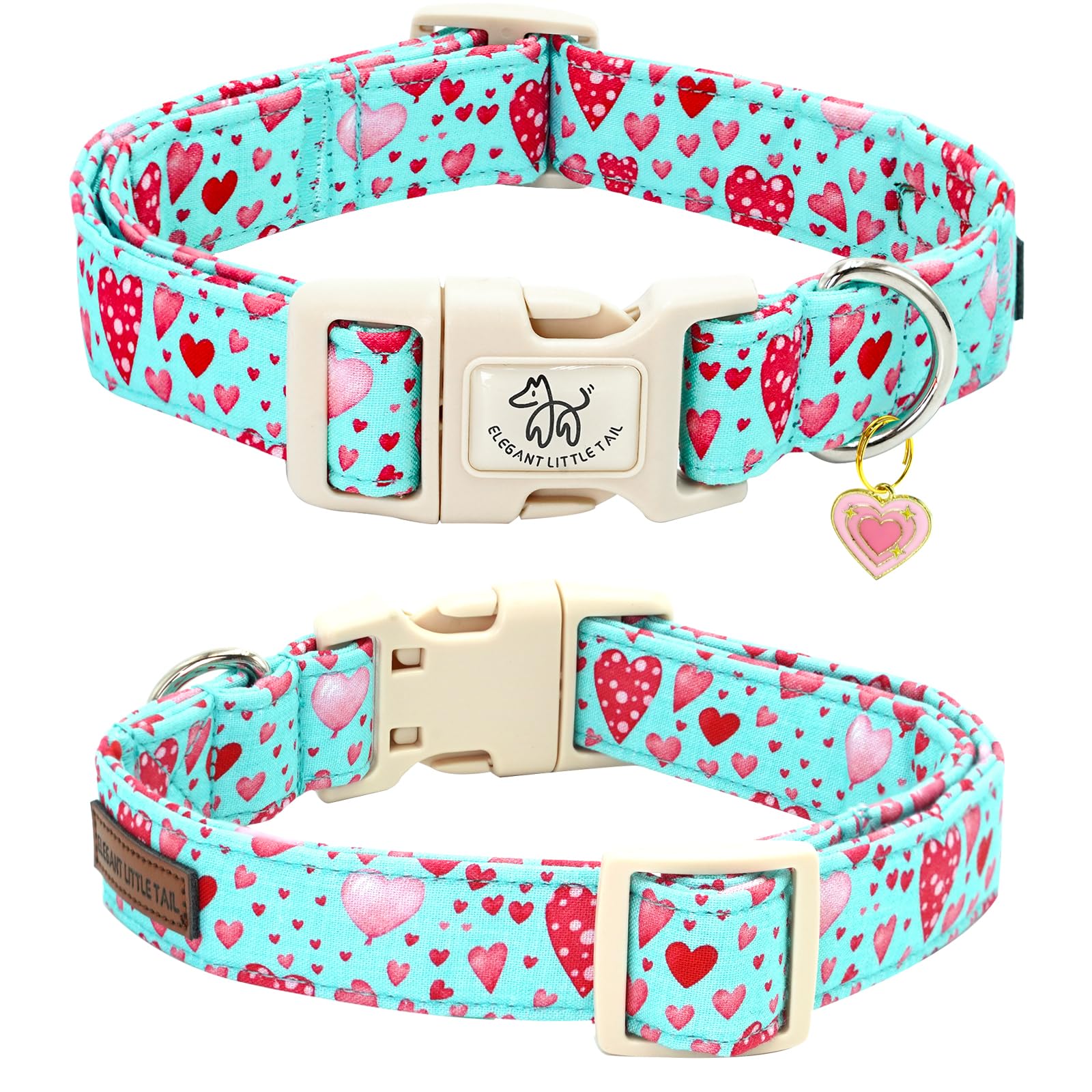 Elegant Little Tail Dog Collar, Pink Heart Dog Collar For Small Dogs, Female Or Male Adjustable Cotton Pet Collar With Quick Rel