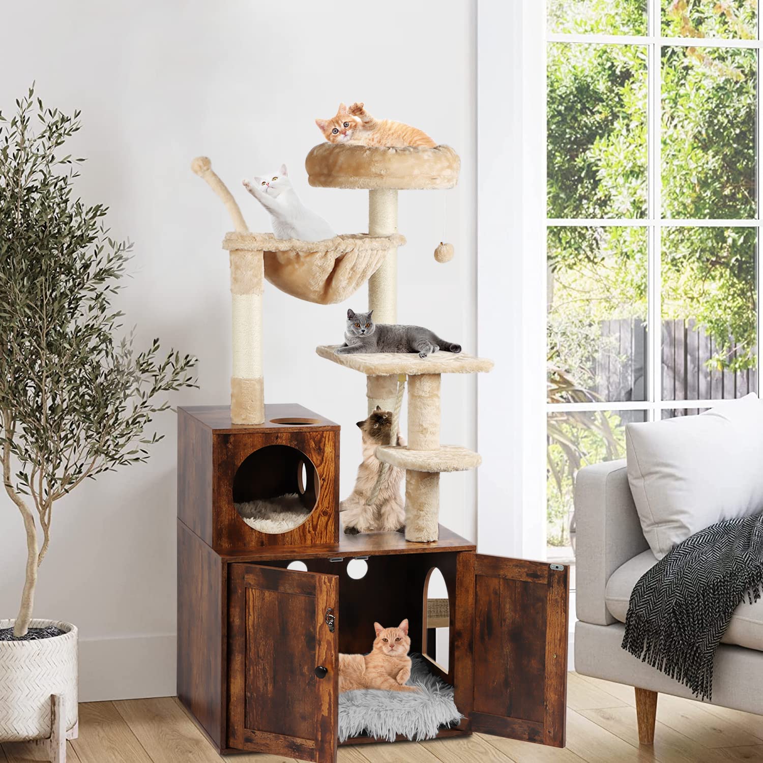 Timberer Cat Tree with Litter Box Enclosure, 54"H Wood Condo, Rustic Brown, Model 1724RB, 2-in-1 Indoor Cat Tower with Scratching Posts