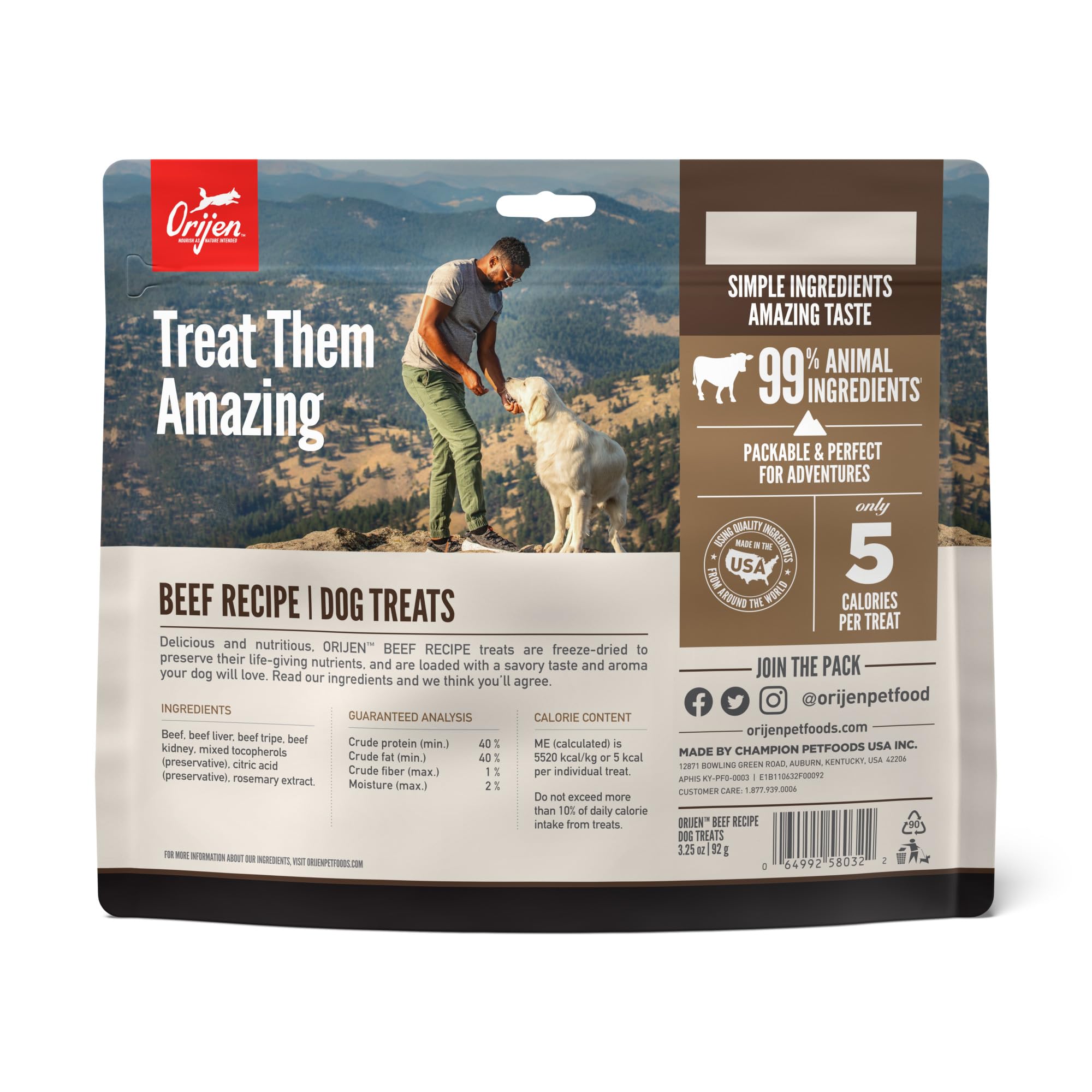 ORIJEN Freeze Dried Dog Treats, Grain Free, High Protein, Raw Animal Ingredients, Ranch-Raised Beef, 3.25oz