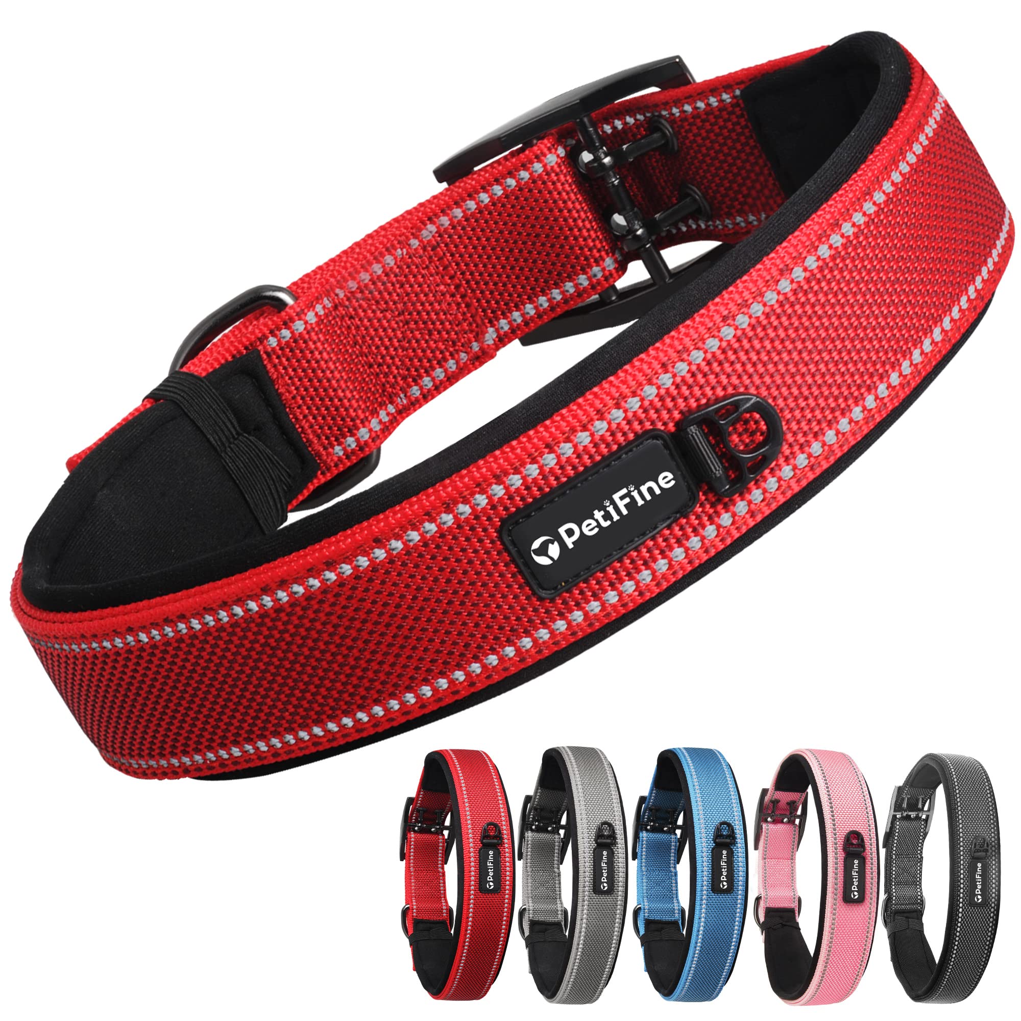 PetiFine Heavy Duty Dog Collar, Adjustable Soft Neoprene Padded Dog Collar with Metal Buckle, Reflective Belt Buckle Dog Collars