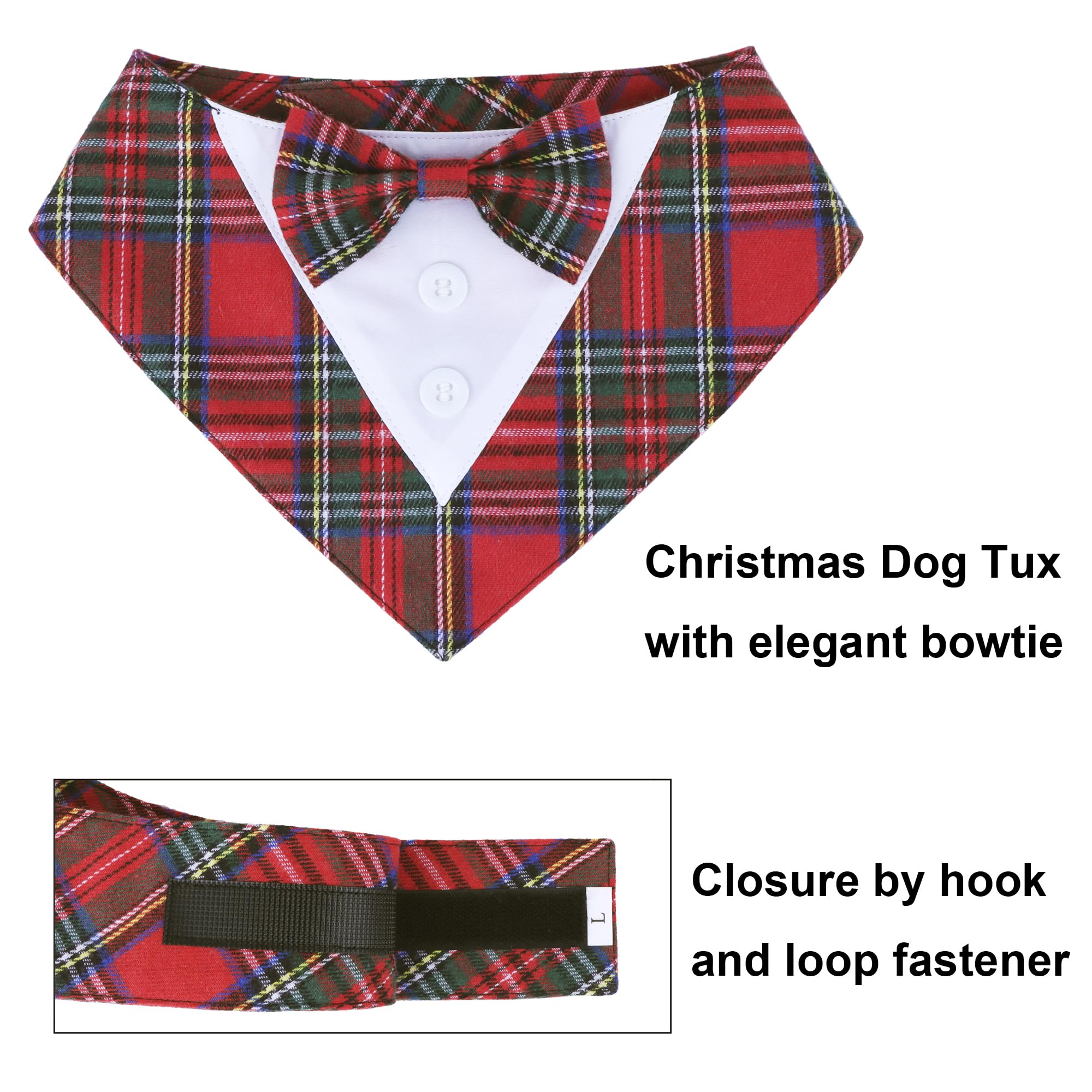 Adoggygo Christmas Dog Tuxedo Bandana, Red Plaid Pet Chritstmas Collar With Bowtie, Adjustable Christmas Costume For X-Large Dog