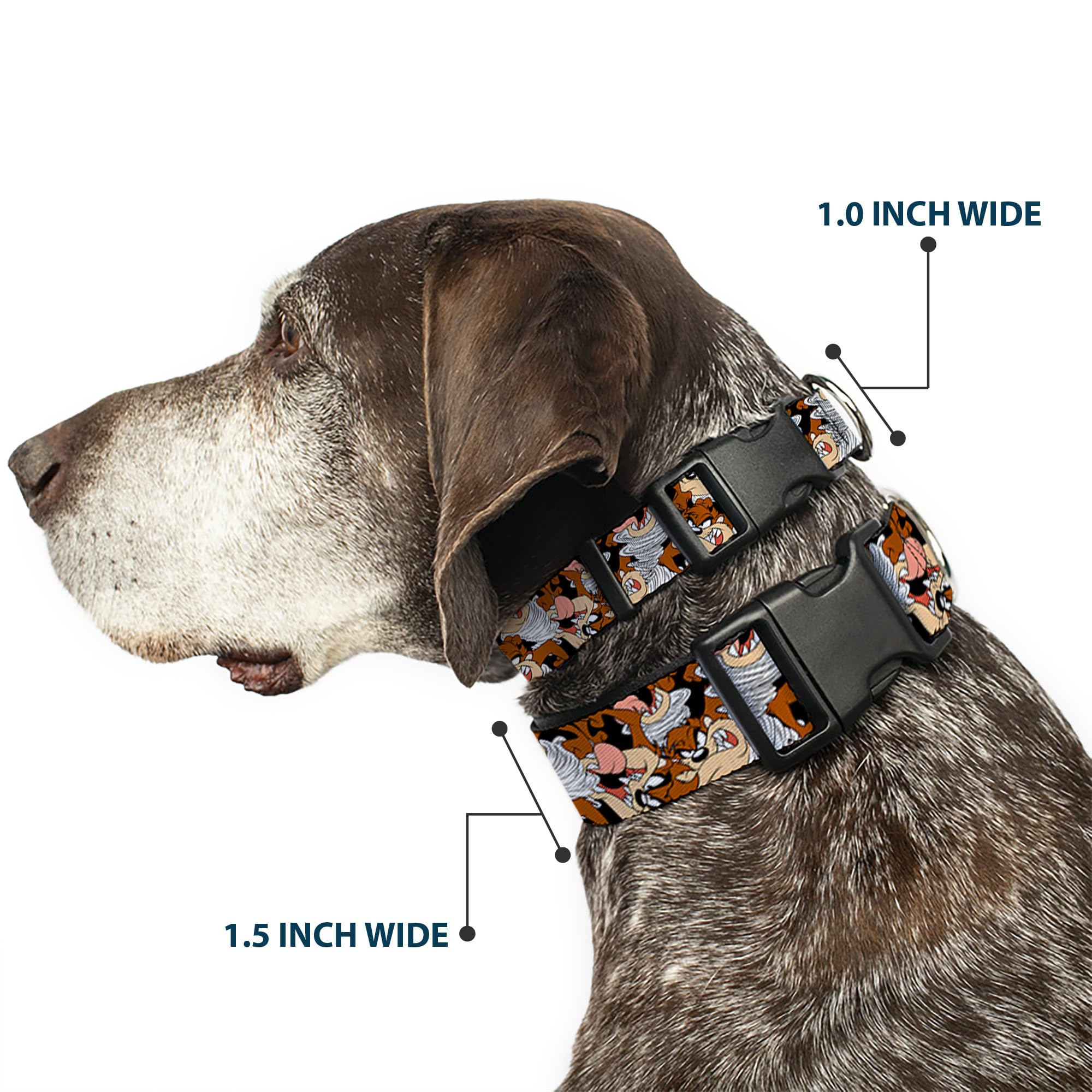 Dog Collar Plastic Clip Tasmanian Devil Vortex Poses Stacked Black 11 To 17 Inches 1.0 Inch Wide