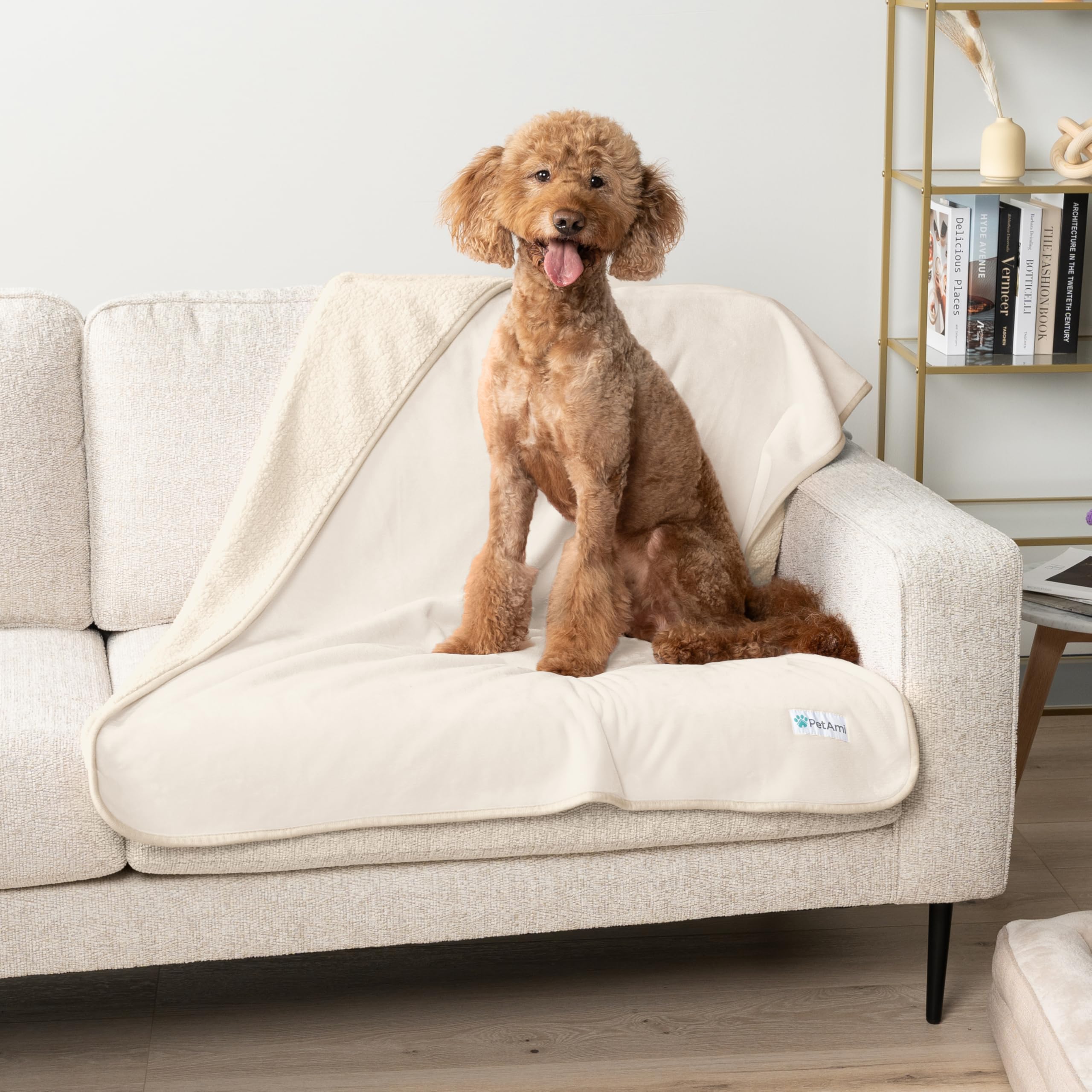 Petami Waterproof Dog Blanket For Extra Large Dogs, Pee Proof Pet Blanket For Bed Couch, Reversible Water Proof Blanket For Puppy Indoor Cat, Soft Dog Crate Cover Washable, Queen 90X90 Beige