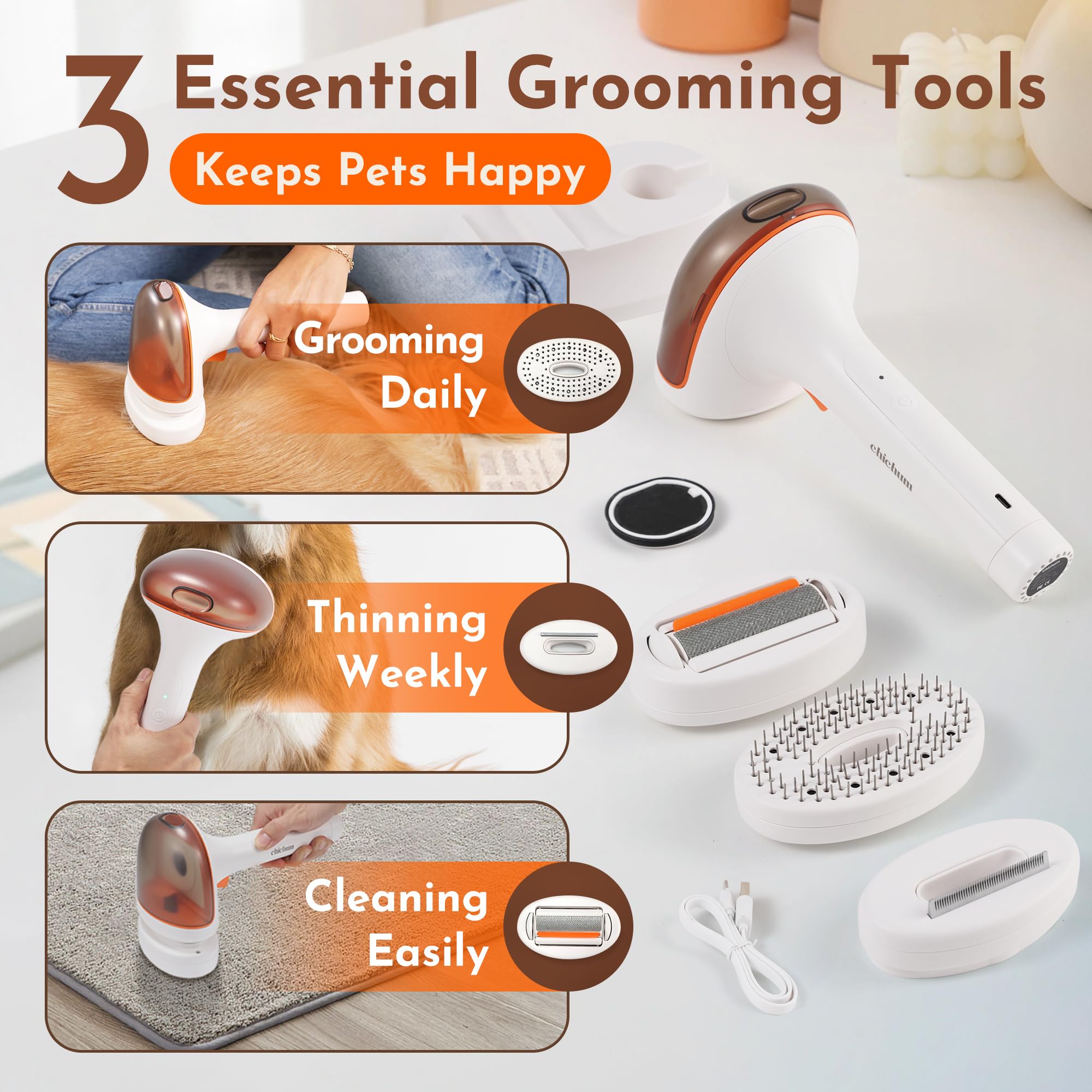 Iinnoo 3-In-1 Dog Grooming Self-Cleaning Slicker Brushgrooming Tool For Dogs & Cats, Suitable For Shedding & Haired Pets