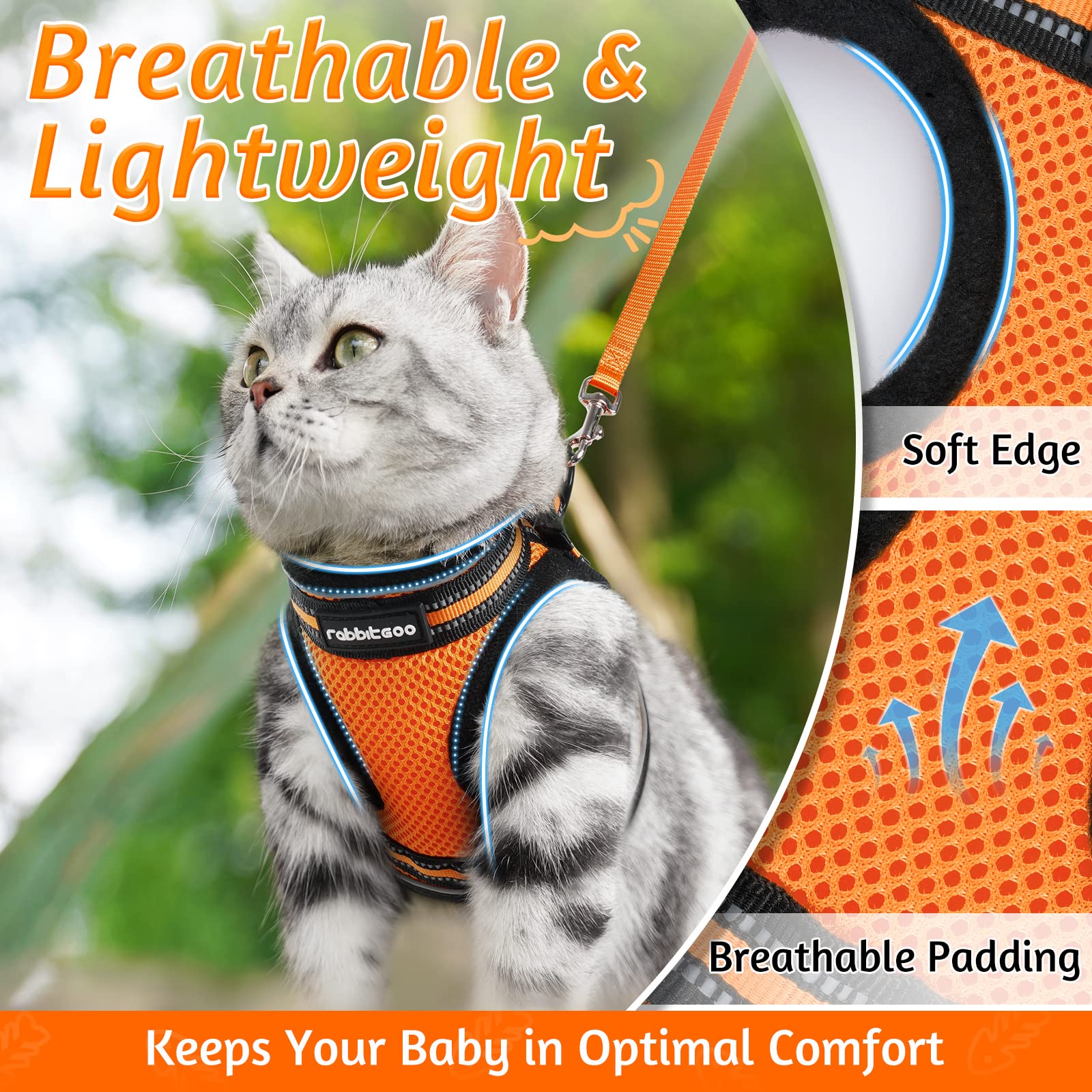 Rabbitgoo Cat Harness And Leash Set For Walking Escape Proof, Adjustable Soft Kittens Vest With Reflective Strip For Cats, Comfortable Outdoor Vest,Light Orange,M
