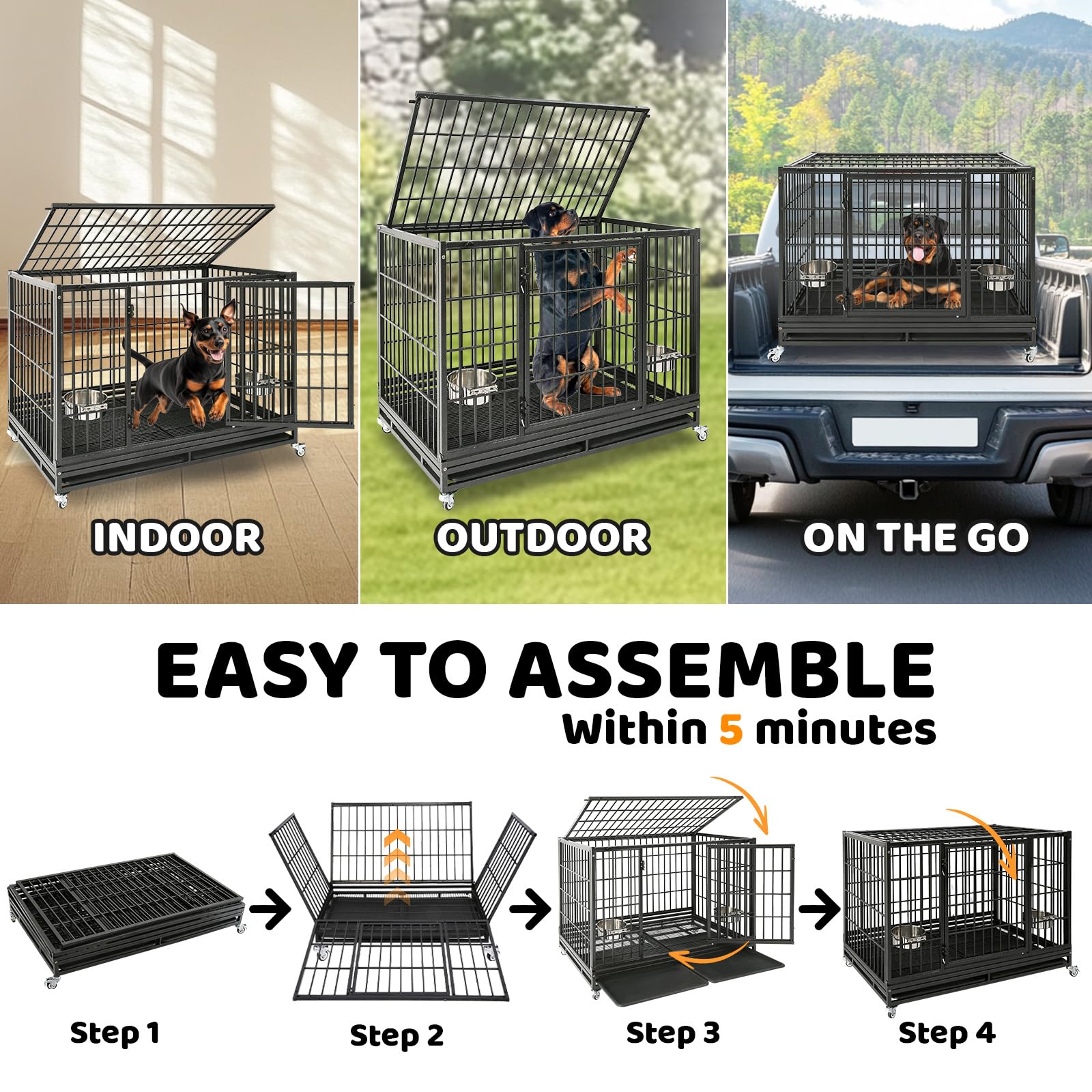 Homey Pet 48 Inch Stackable Heavy Duty Dog Crate Indestructible, Escape Proof Dog Cage With Wheels, Two Removable Trays, High An