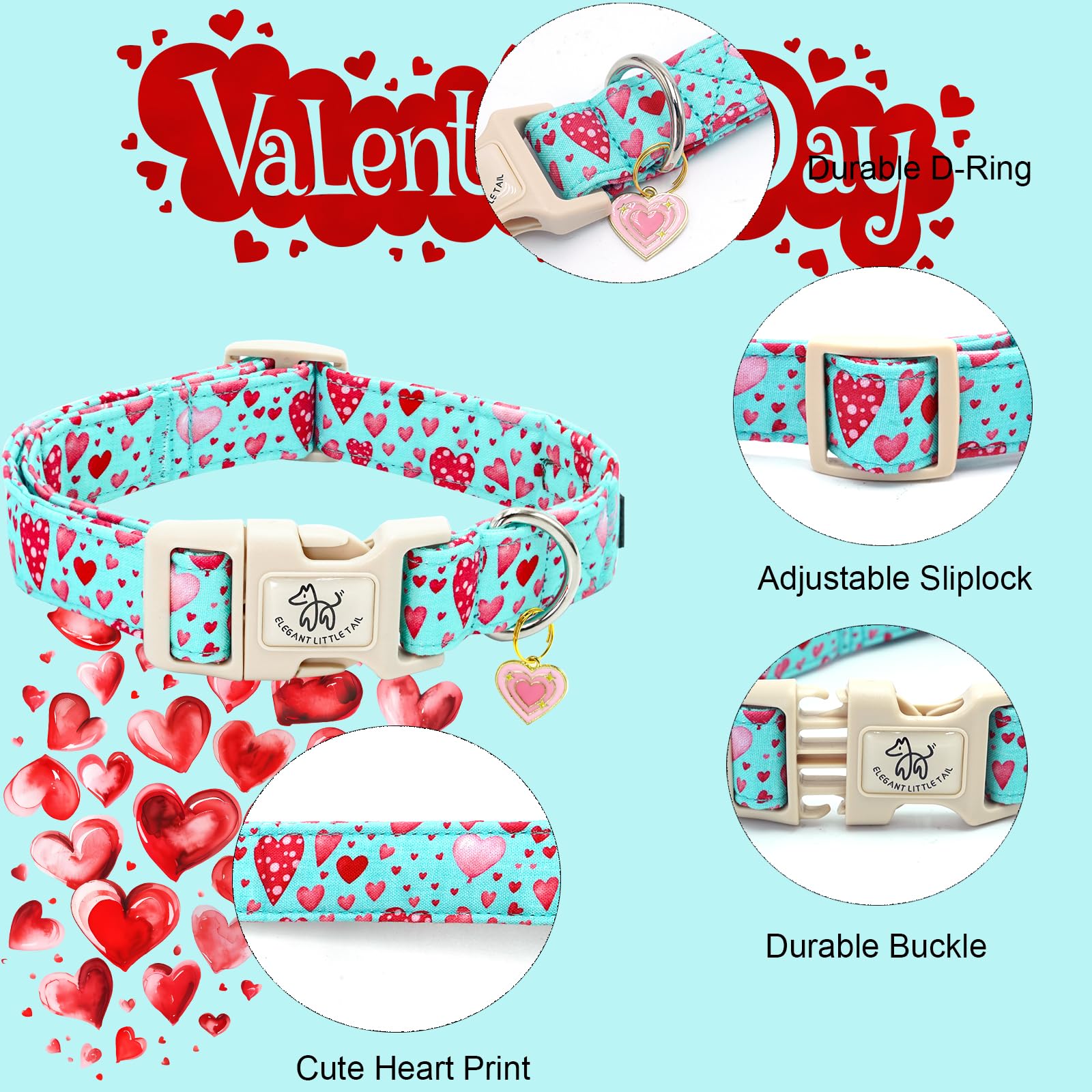 Elegant Little Tail Dog Collar, Pink Heart Dog Collar For Small Dogs, Female Or Male Adjustable Cotton Pet Collar With Quick Rel