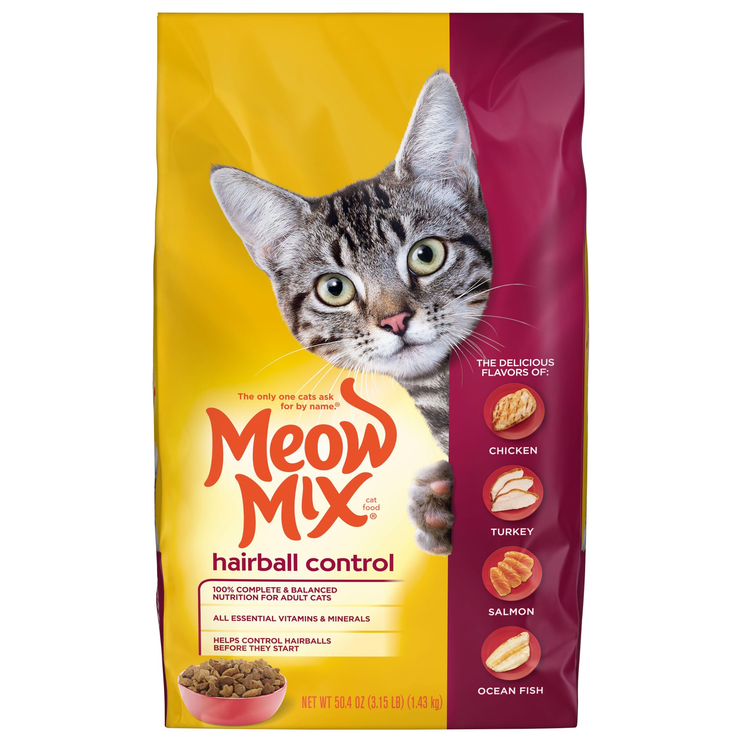 Meow Mix Hairball Control Dry Cat Food, 3.15 Pound Bag (Pack of 4)