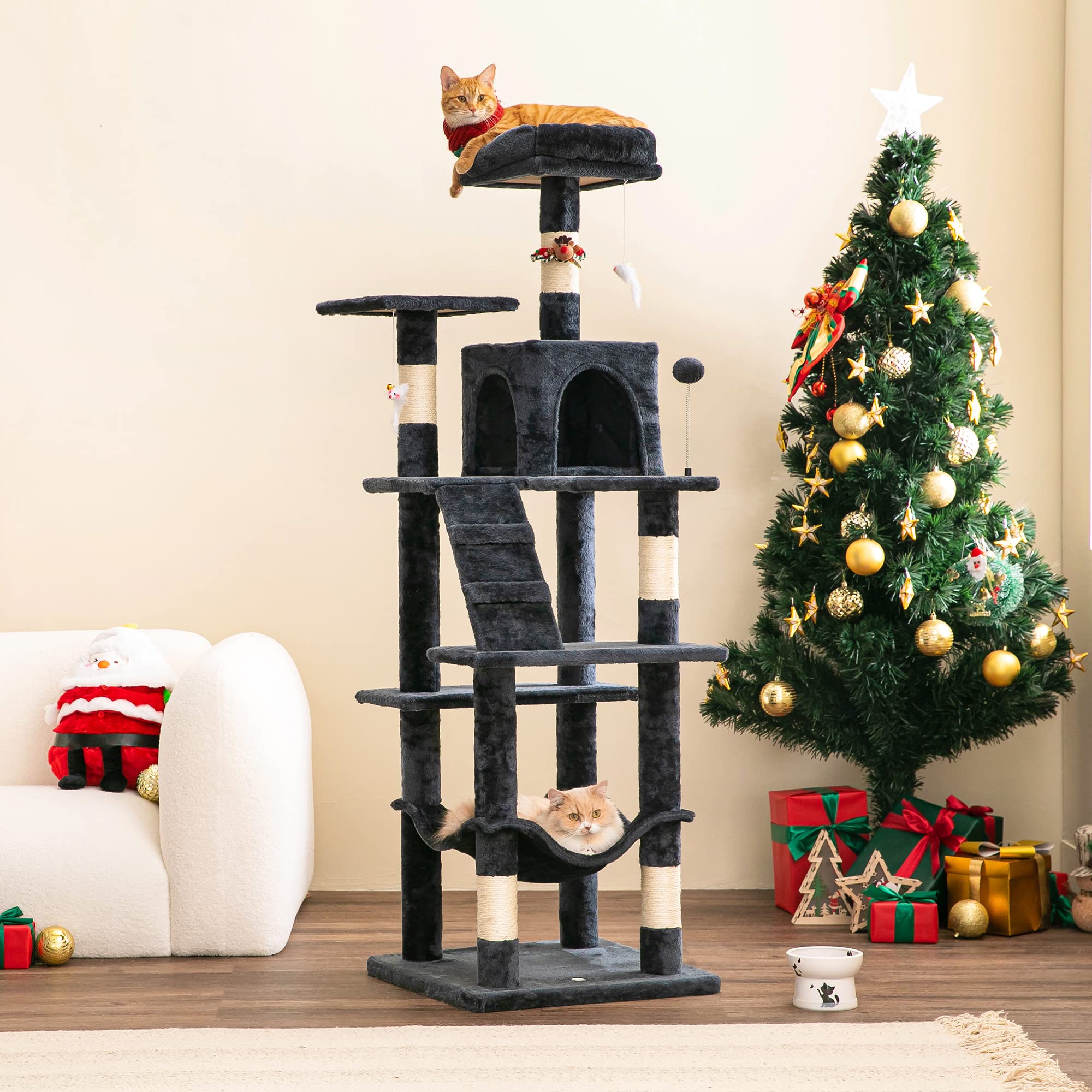 Mwpo 63.8 Inches Multi-Level Cat Tree For Large Cats With Sisal-Covered Scratching Posts, Padded Platform, Hammock And Condo,Stable Cat Tower Cat Condo Pet Play House-Smoky Gray