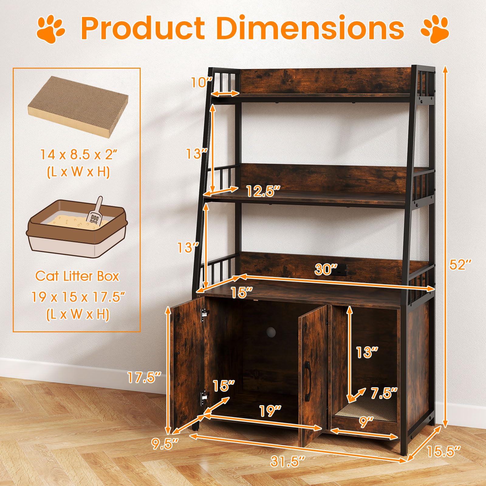 PETSITE Cat Litter Box Enclosure with Storage Shelves, 52 Inches Tall Hidden Litter Box with Charging Station, Scratching Board,