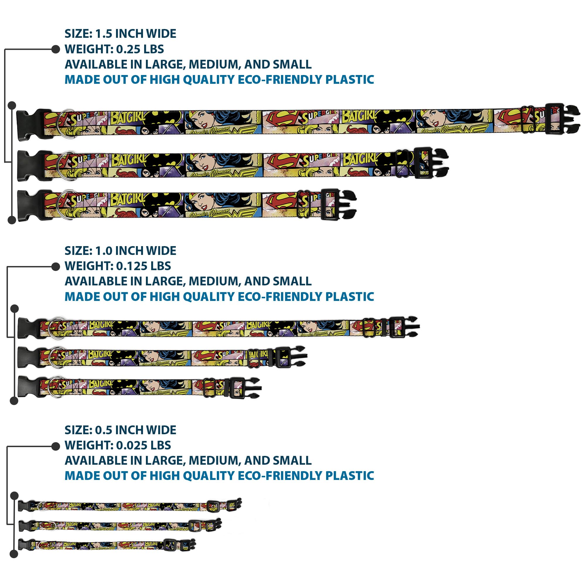 Buckle-Down Plastic Clip Collar - Superheroines Wonder Woman/Supergirl/Batgirl - 1.5'' Wide - Fits 16-23'' Neck - Medium