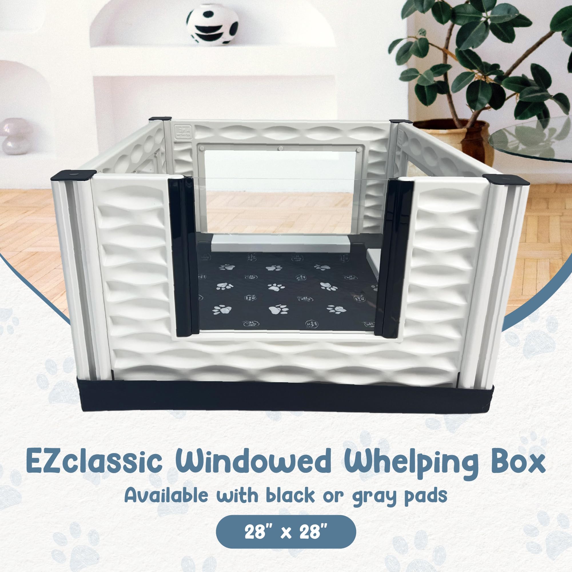 Ezwhelp Ezclassic Windowed 28''X28''X18'' Whelping Box With Rails, Gray Pad