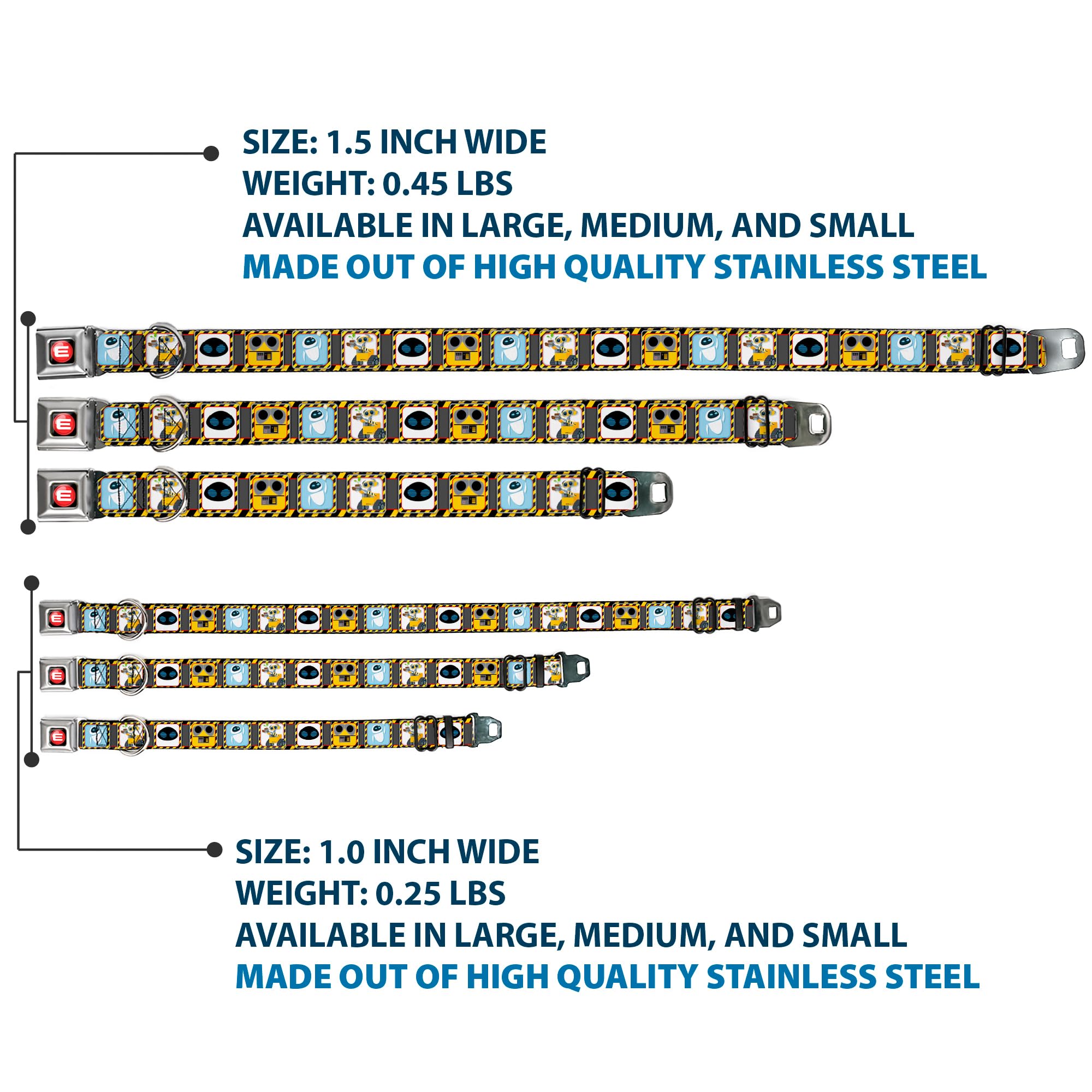 Dog Collar Seatbelt Buckle Wall E Eve Pose Face Hazard Blocks Gray Yellow Black 18 To 32 Inches 1.5 Inch Wide