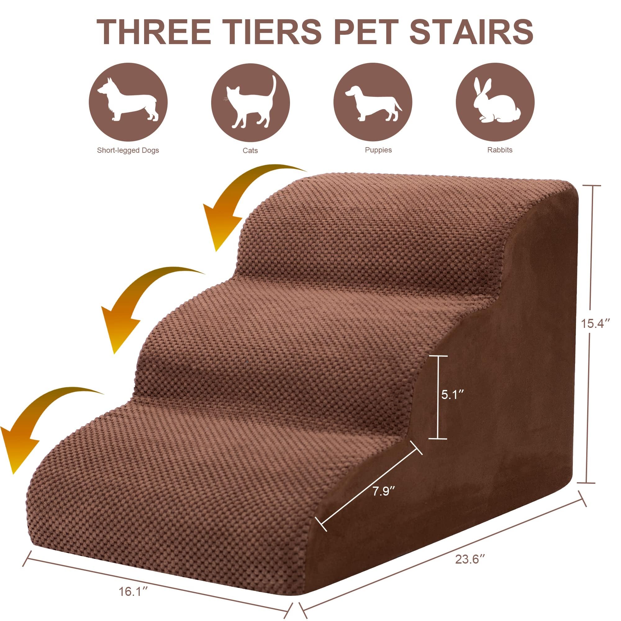 Dog Stairs For Small Dogs, 3 Tiers High Density Foam Dog Ramp, Extra Wide Non-Slip Pet Steps For High Beds Or Couch, Soft Foam D