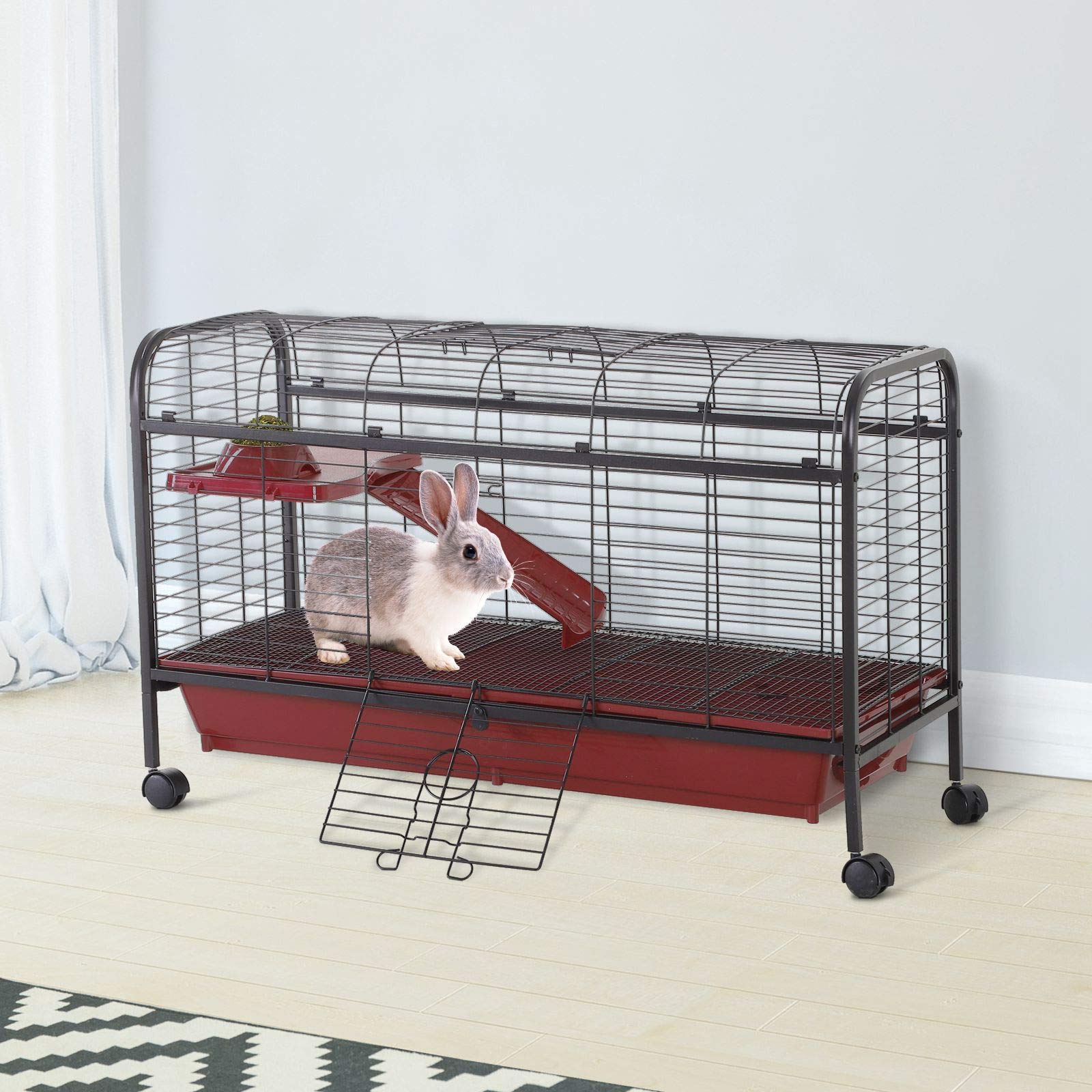 Pawhut 41' L Small Animal Cage Rabbit Hutch Ferret Pet Play House With Feeder, Rolling Wheels, Platform, Ramp