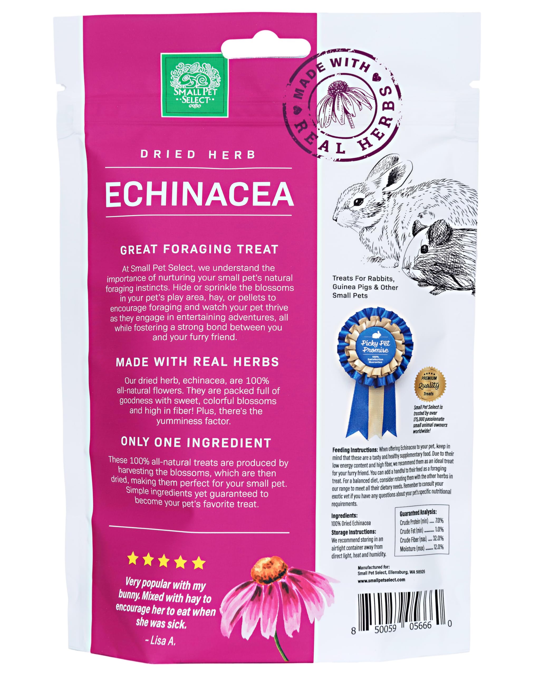Small Pet Select - Echinacea, a Natural Herbal Treat for Adult Rabbits and Guinea Pigs, 2oz