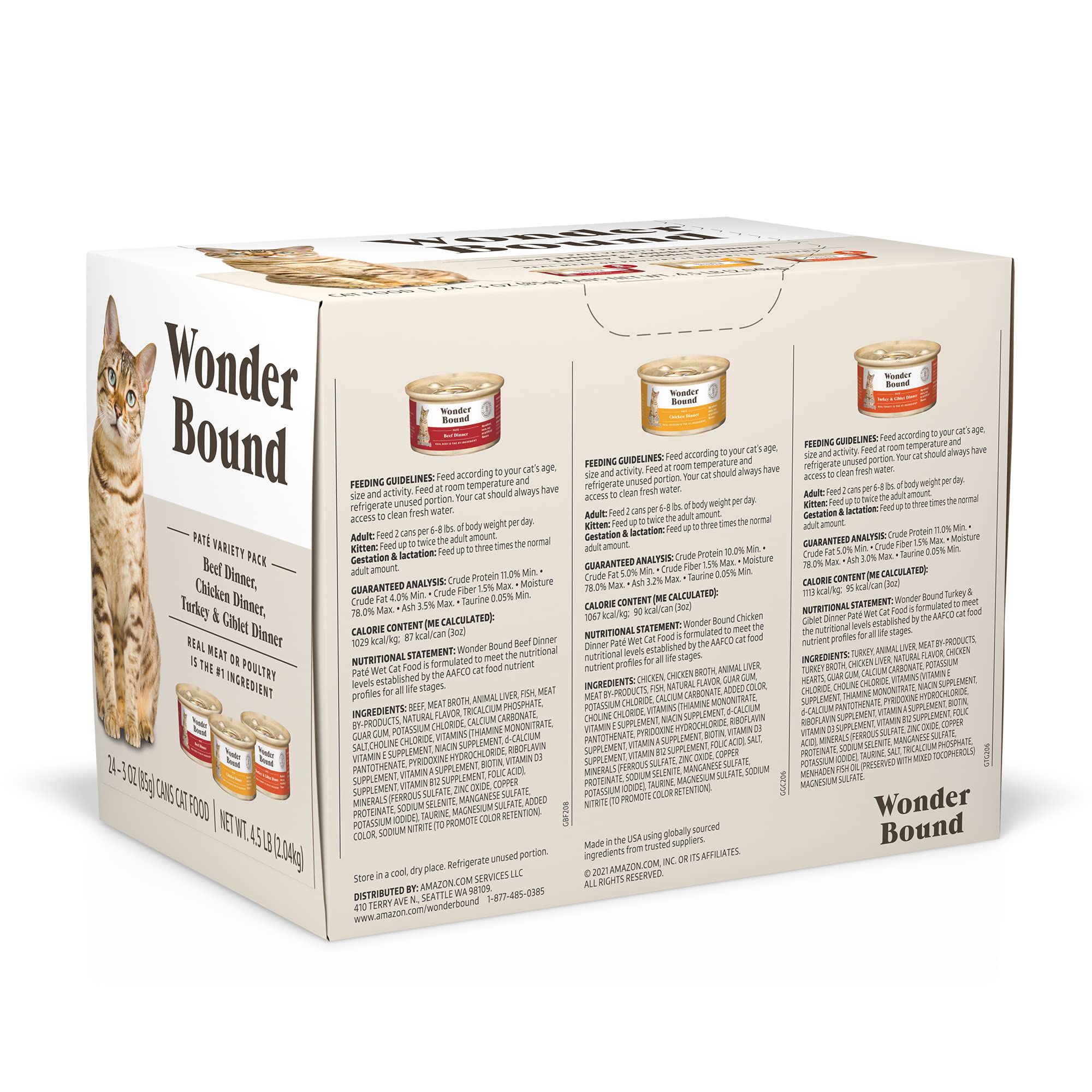 Amazon Brand - Wonder Bound Wet Cat Food, Pate, No Added Grain, Variety Pack (Beef/Chicken/Turkey & Giblet), 3 ounce (Pack of 24
