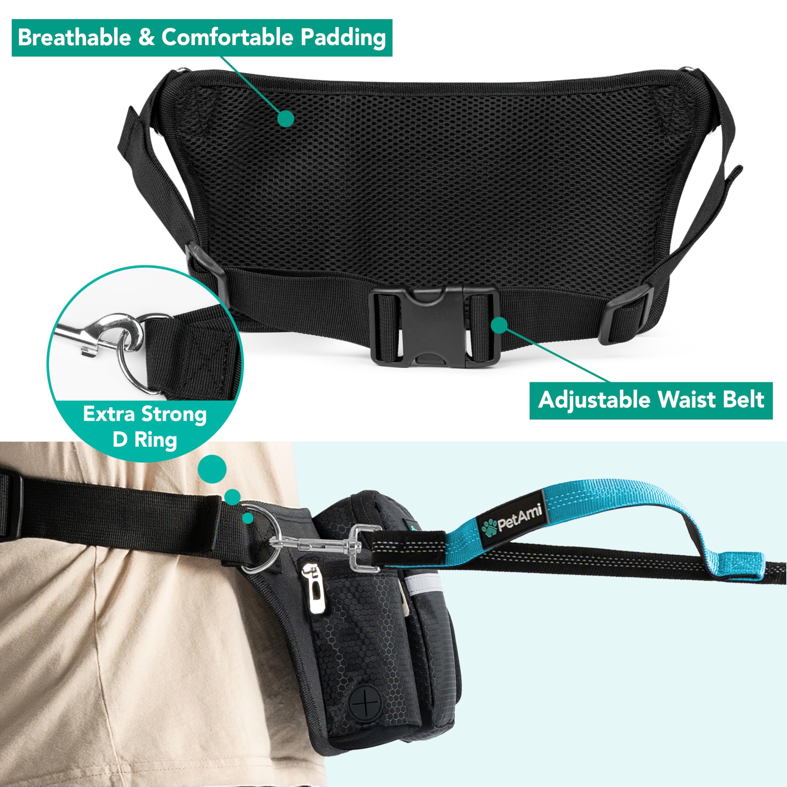 PetAmi Premium Hands Free Dog Leash for 2 Dogs, Adjustable Waist Belt Leash for Dog Walking, Fanny Pack Accessories Bag Dual Bun