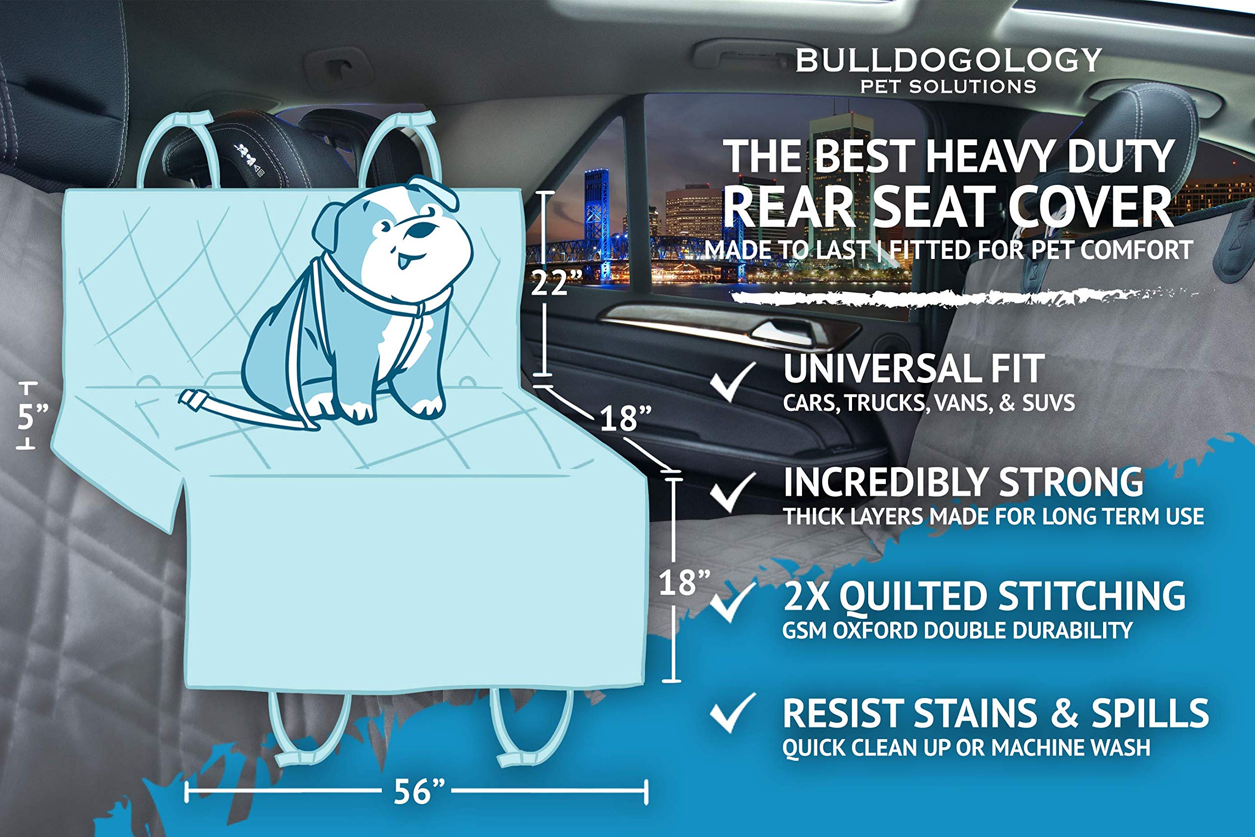 Bulldogology Dog Car Seat Cover Waterproof Heavy Duty Bench Dog Hammock Backseat Protector From Hair, Muddy Paws, Scratches - Pe