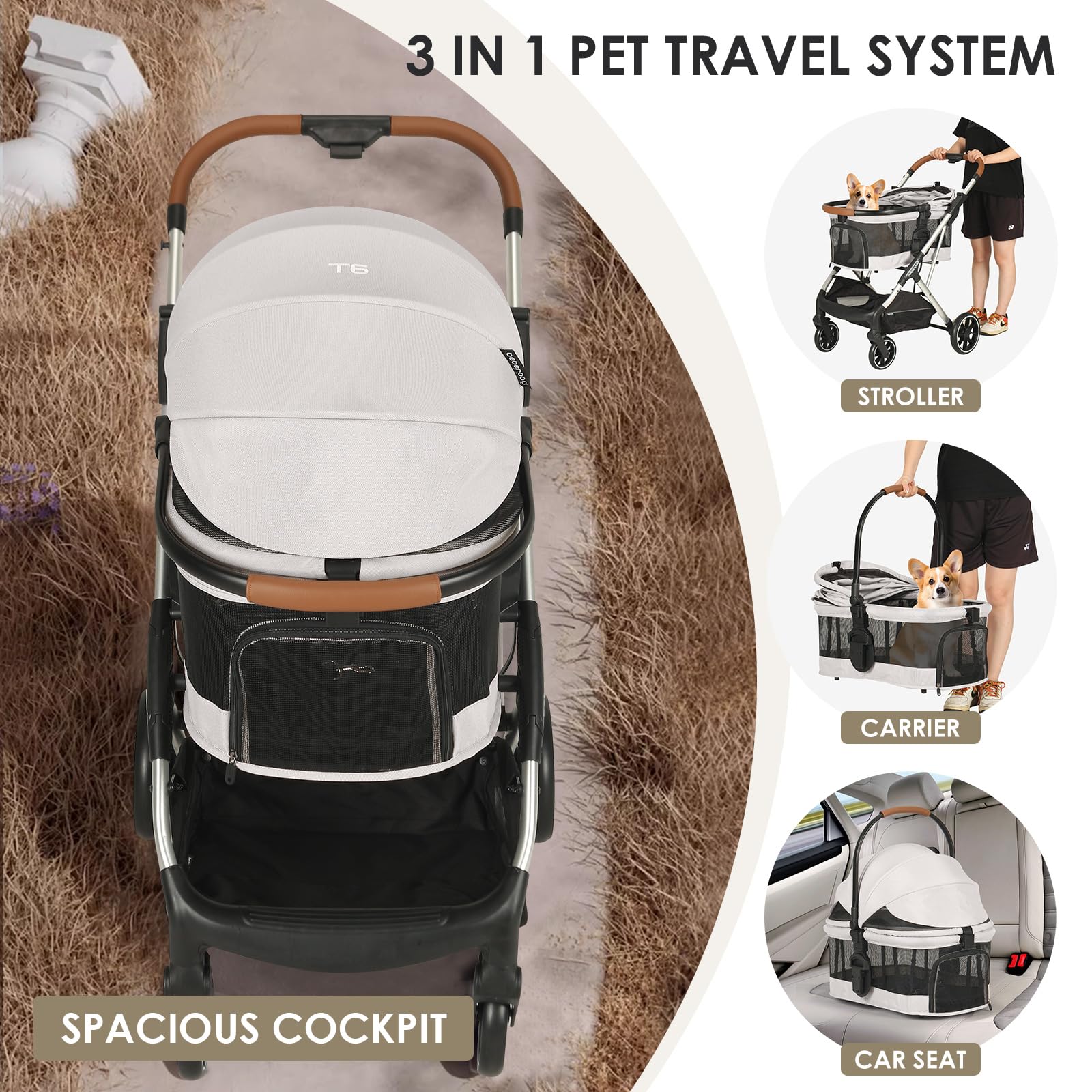 Beberoad Pets T6 Luxury Pet Stroller For Medium Dogs & Cats Under 66Lbs, 3-In-1 Dog Stroller With Detachable Carrier (Beige)