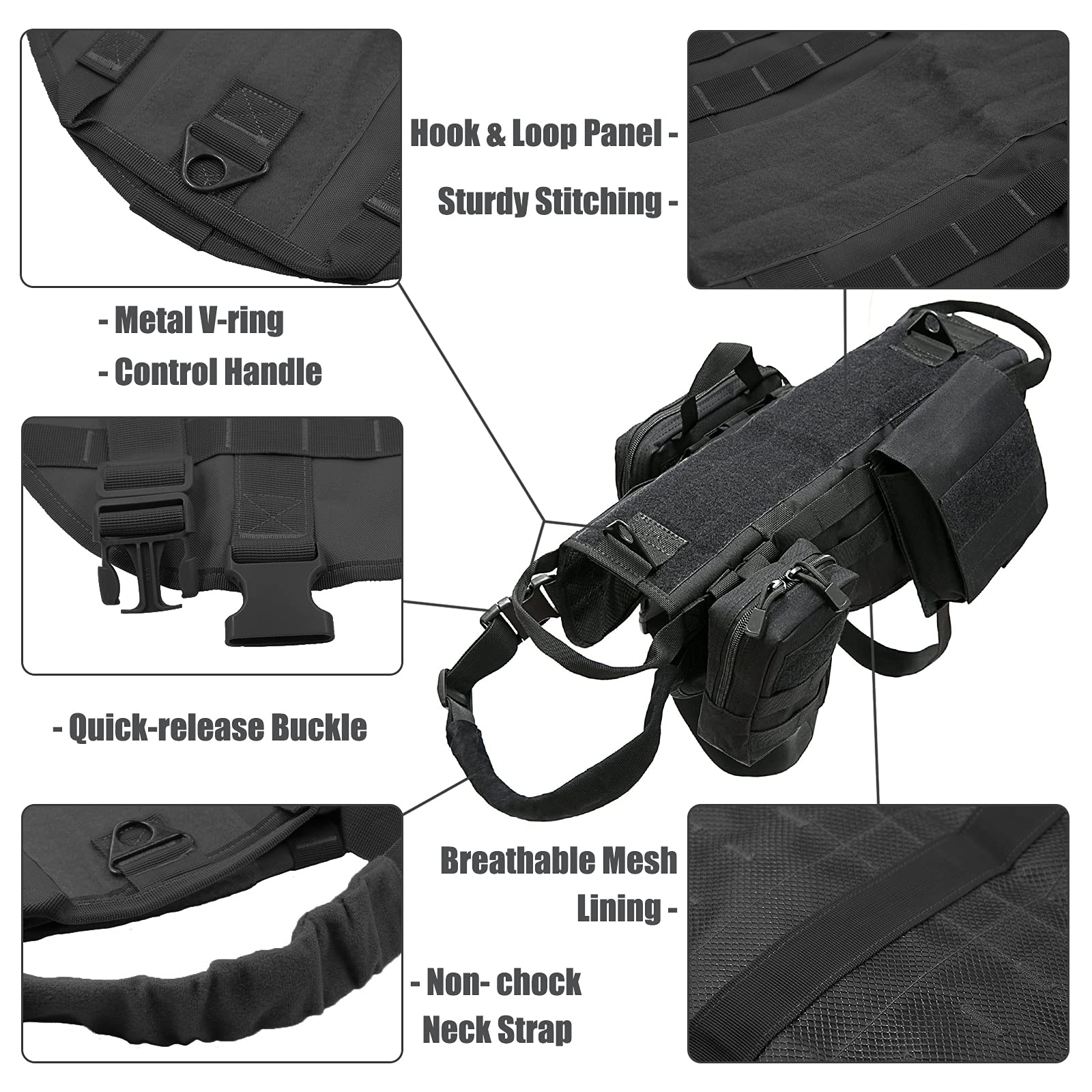 Aiwai Tactical Dog Harness With Pouches,Dog Vest Harness For Large Medium Dogs With Hook & Loop Panels,Adjustable Military Dog Harness With Handle,No-Pull Service Dog Vest For Walking Hiking Training