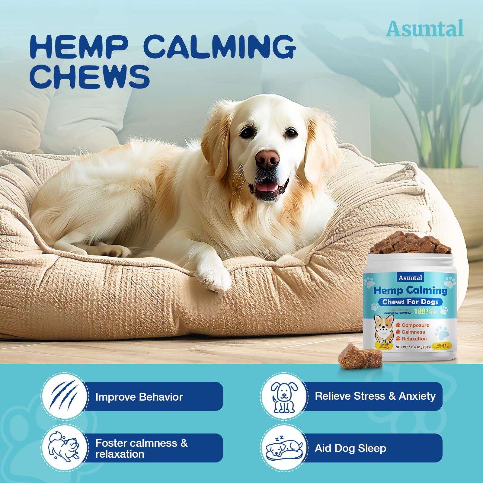Calming Chews for Dogs - Advanced Hemp Dog Calming Chews - Anxiety Relief Treats - Dog Supplement for Barking, Vet Visits, Stres