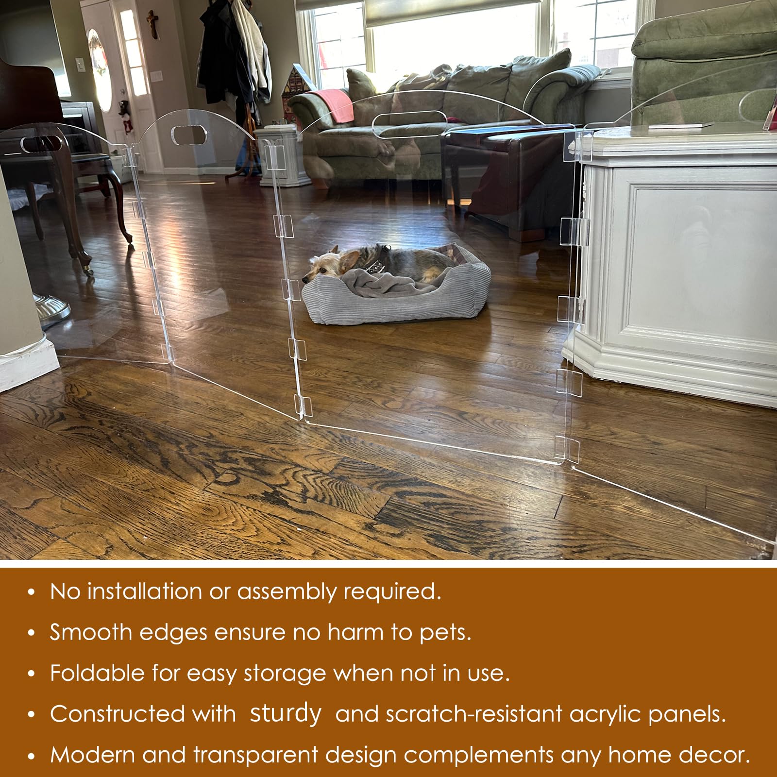 Feoyoho Clear Acrylic 3-Panel Freestanding Dog Gate - 60''W x 24''H, Folding Barrier for Indoor Use, Ideal for Dogs and Cats