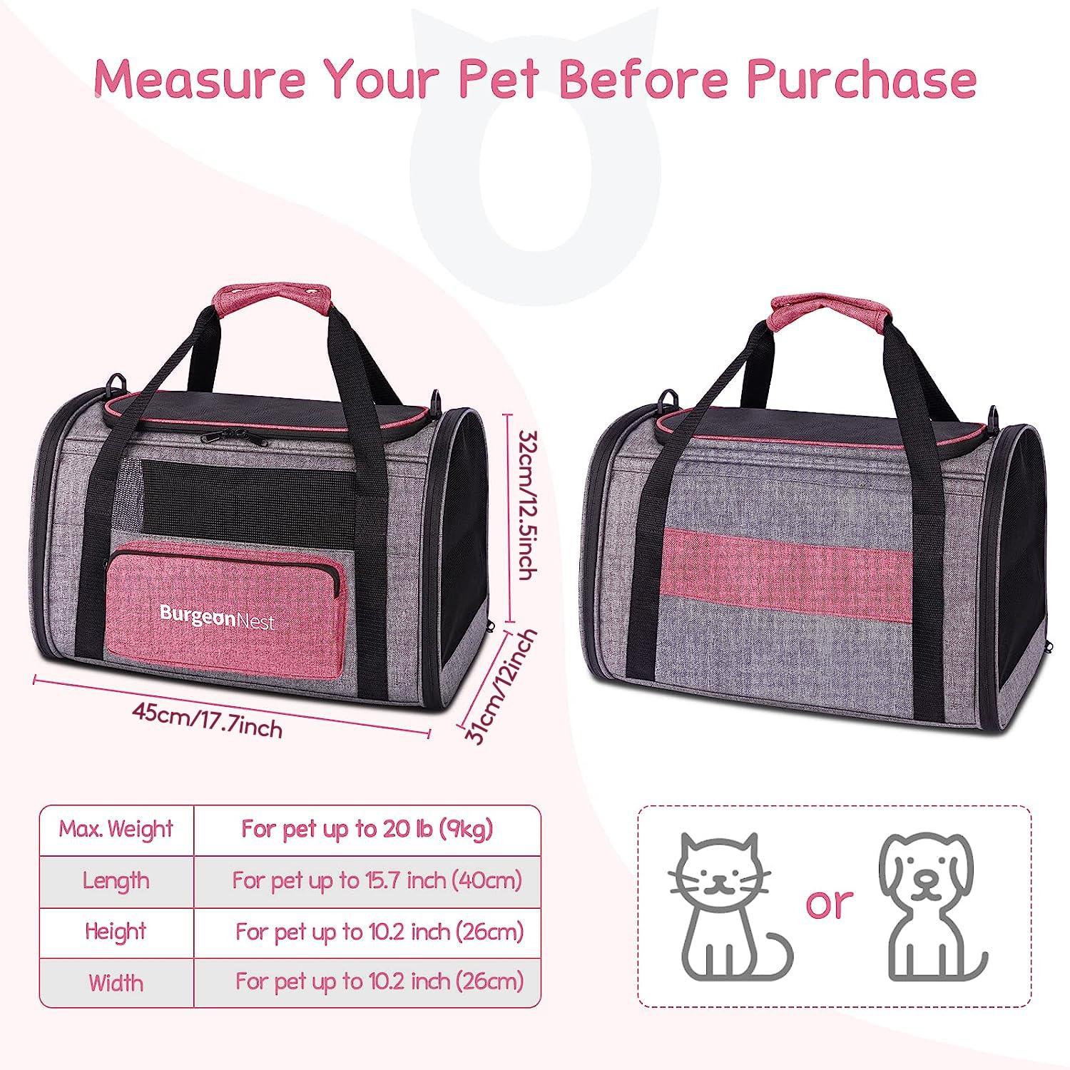 BurgeonNest Cat Carrier for Medium Cats, Soft-Sided, Escape Proof, Pink, Model CA-P-bag, with Unique Side Bag & 4 Ventilated Windows
