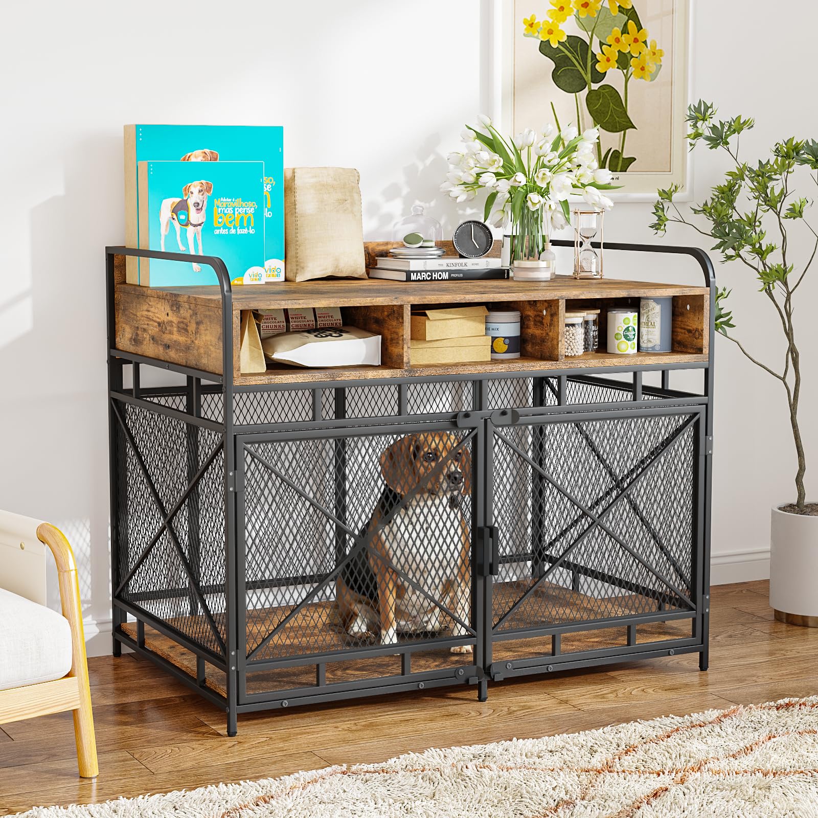 LEMBERI Dog Crate Furniture Large Breed,Wodeen Large Dog Kennel Indoor End Table,Heavy Duty Dog Crate,Decorative Pet Crate Dog C