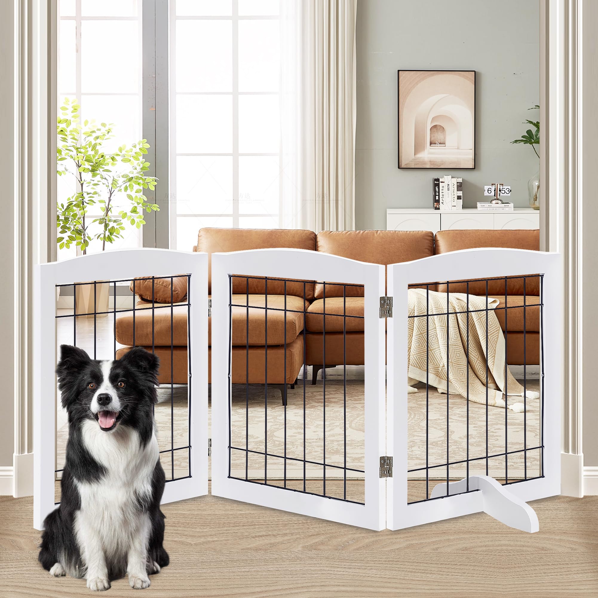Lzrs 3-Panel Freestanding Adjustable Wooden Dog Gate-30'' Tall Foldable Pet Barrier With Support Feet, Chew-Resistant Solid Hard