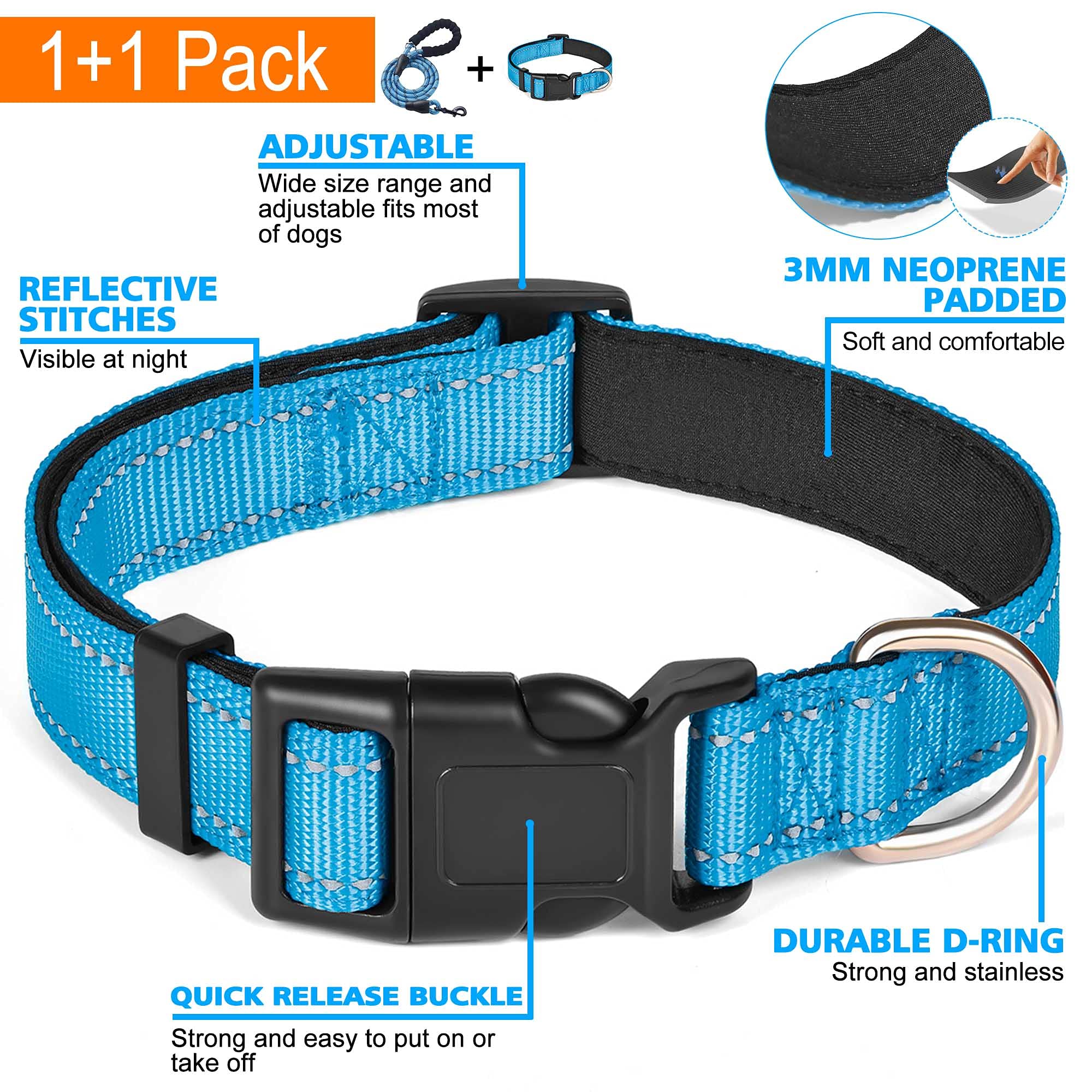 Ladoogo Reflective Dog Collar Padded With Soft Neoprene Breathable Adjustable Nylon Dog Collars For Small Medium Large Dogs (Med