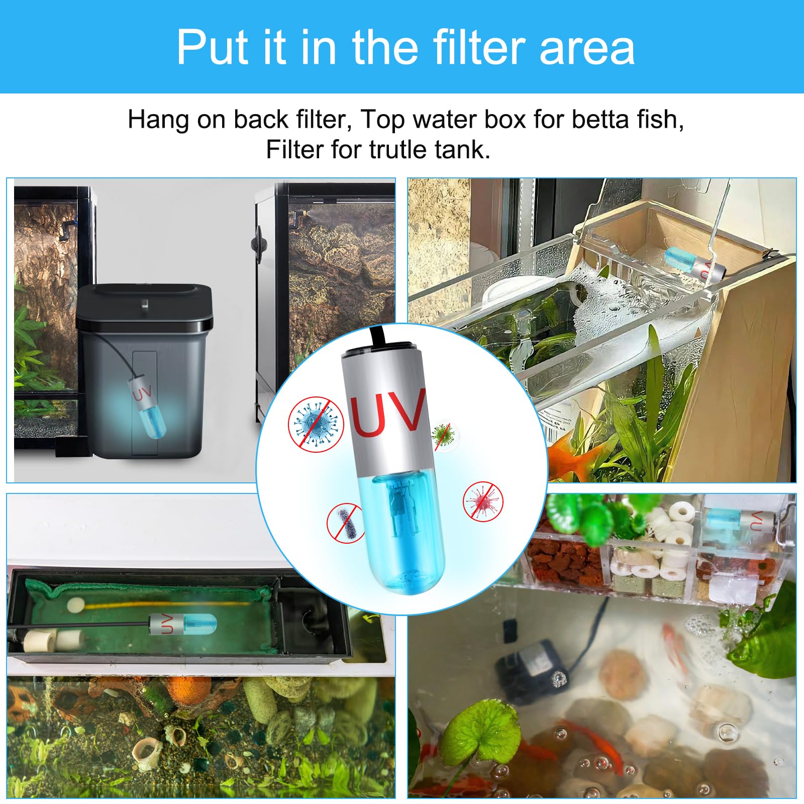 JAHEA Aquarium Clean Light,3 W Mini &13W Submersible Light with UV Test Card,Aquarium Water Clean Green Clear Waterproof Clean L