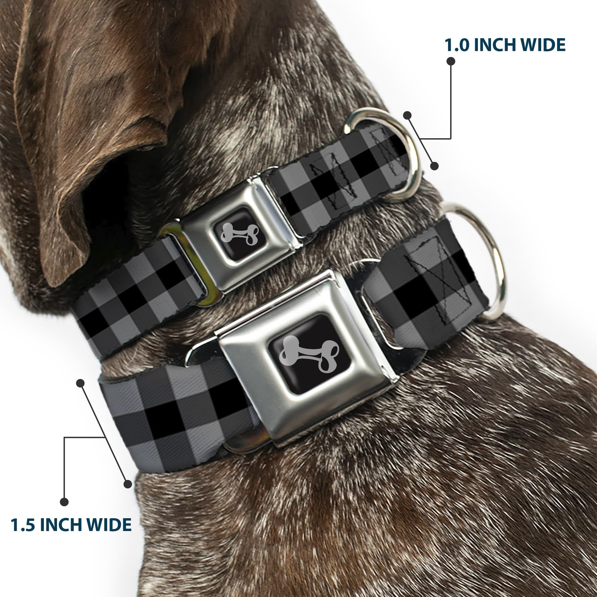 Dog Collar Seatbelt Buckle Buffalo Plaid Black Gray 11 To 17 Inches 1.0 Inch Wide
