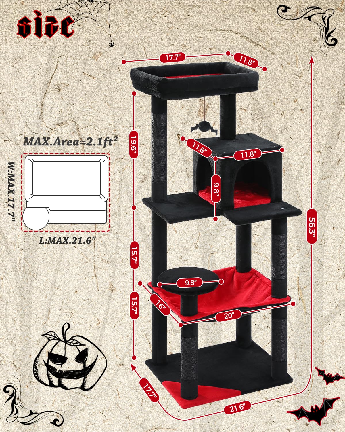 Muttros Gothic Cat Tree With Super Large Hammock, 56.3' Black Cat Tower With Coffin Bed, Cat Condo, Sisal Scratching Posts & Top Perch, Multi-Level Goth Cat Tree, Halloween, Black