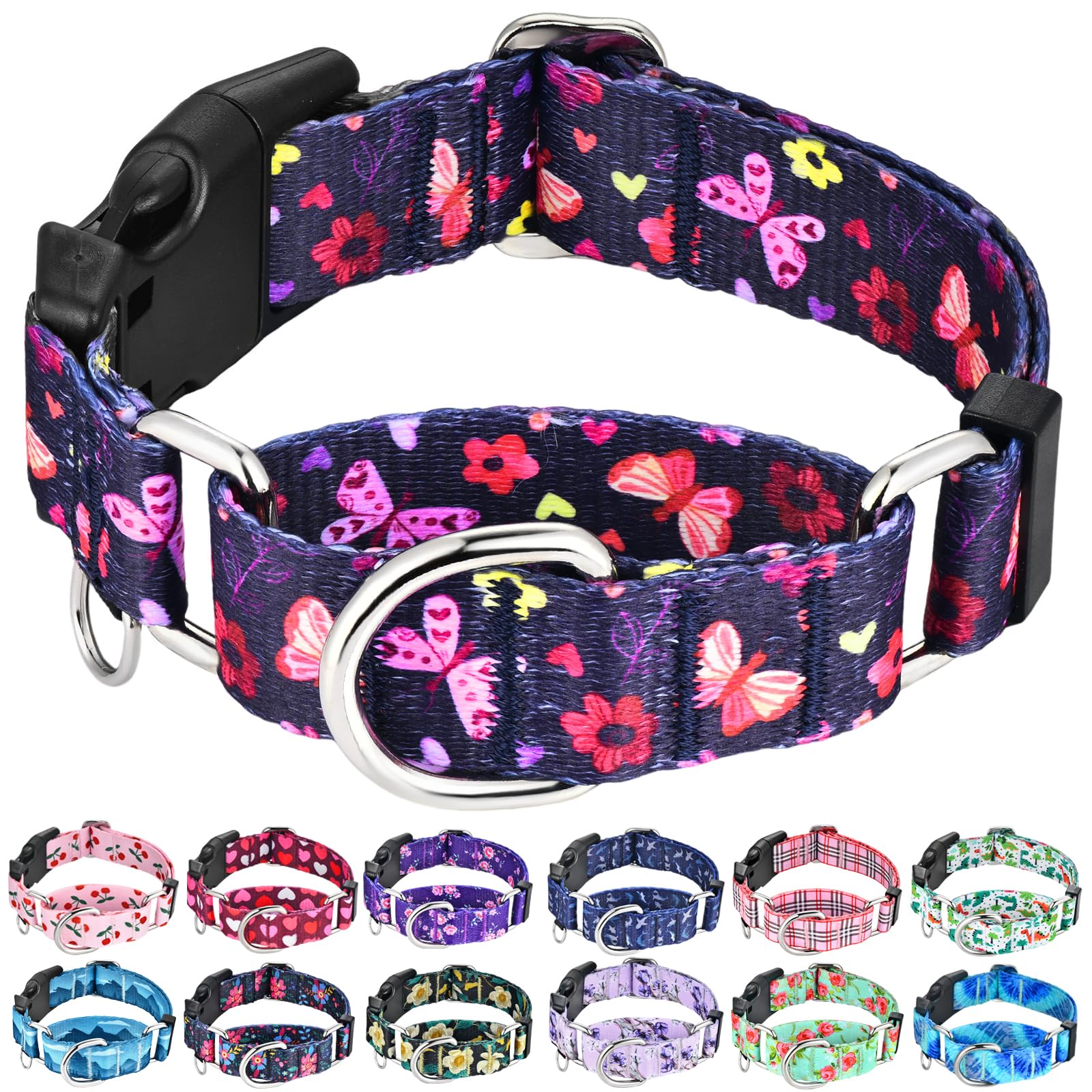 Fidohug Martingale Collar With Buckle Purple Nylon Adjustable Cute Girl Female Dog Collars (Butterfly Floral, Medium)