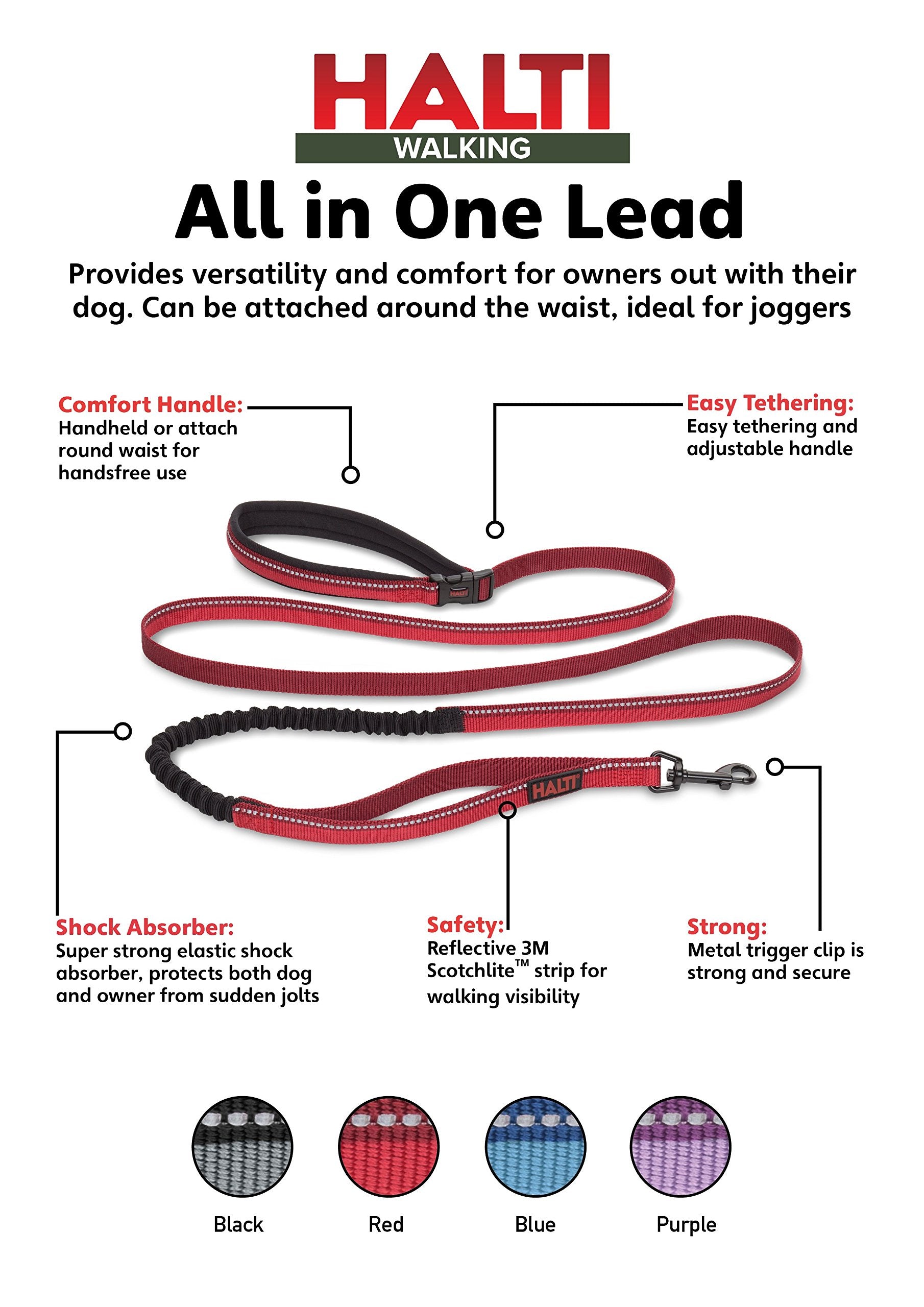 Halti Active Leash - Award-Winning Bungee Dog Leash, Shock-Absorbing, All-In-One Neoprene Padded Belt & Lead, Perfect For Running & Training With Small & Medium Dogs (Size Small, Red)