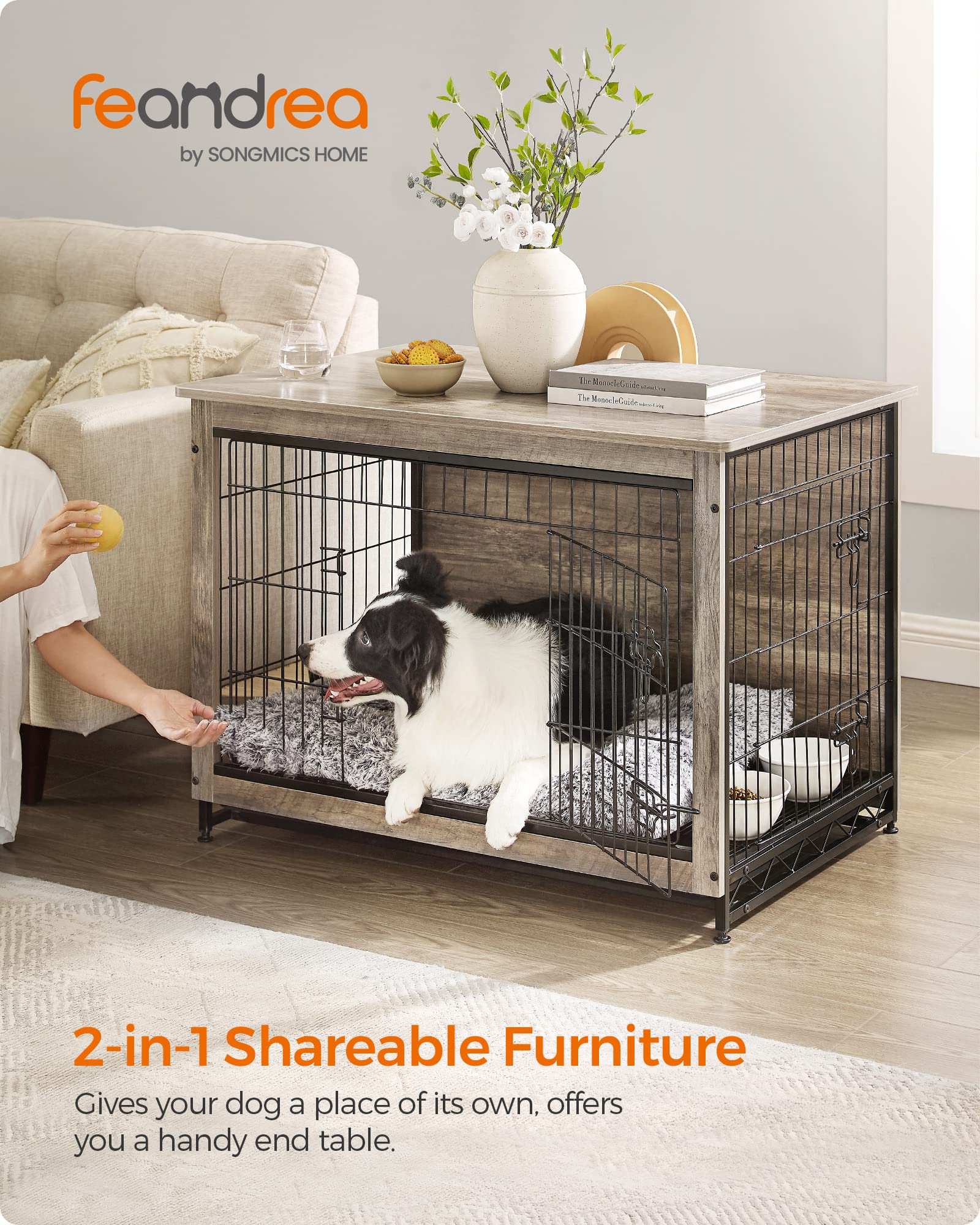 Feandrea Dog Crate Furniture, 38.6 Side End Table, Modern Kennel for Dogs Indoor up to 70 lb, Heavy-Duty Dog Cage with Multi-Pur