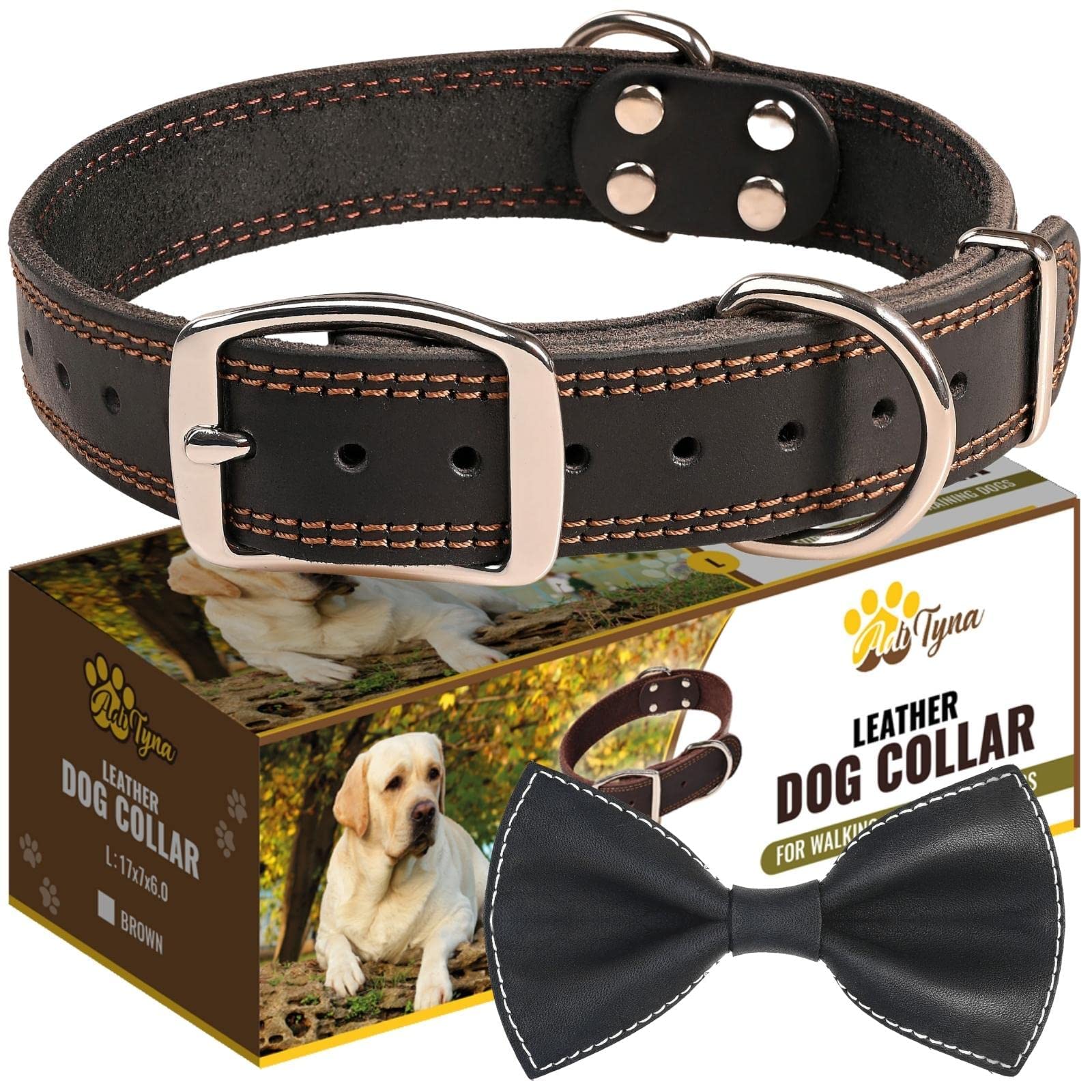 Adityna Heavy Duty Leather Dog Collar For Large Dogs - Black Large Dog Collar - Soft And Strong, 100% Genuine Leather (Large, Black)