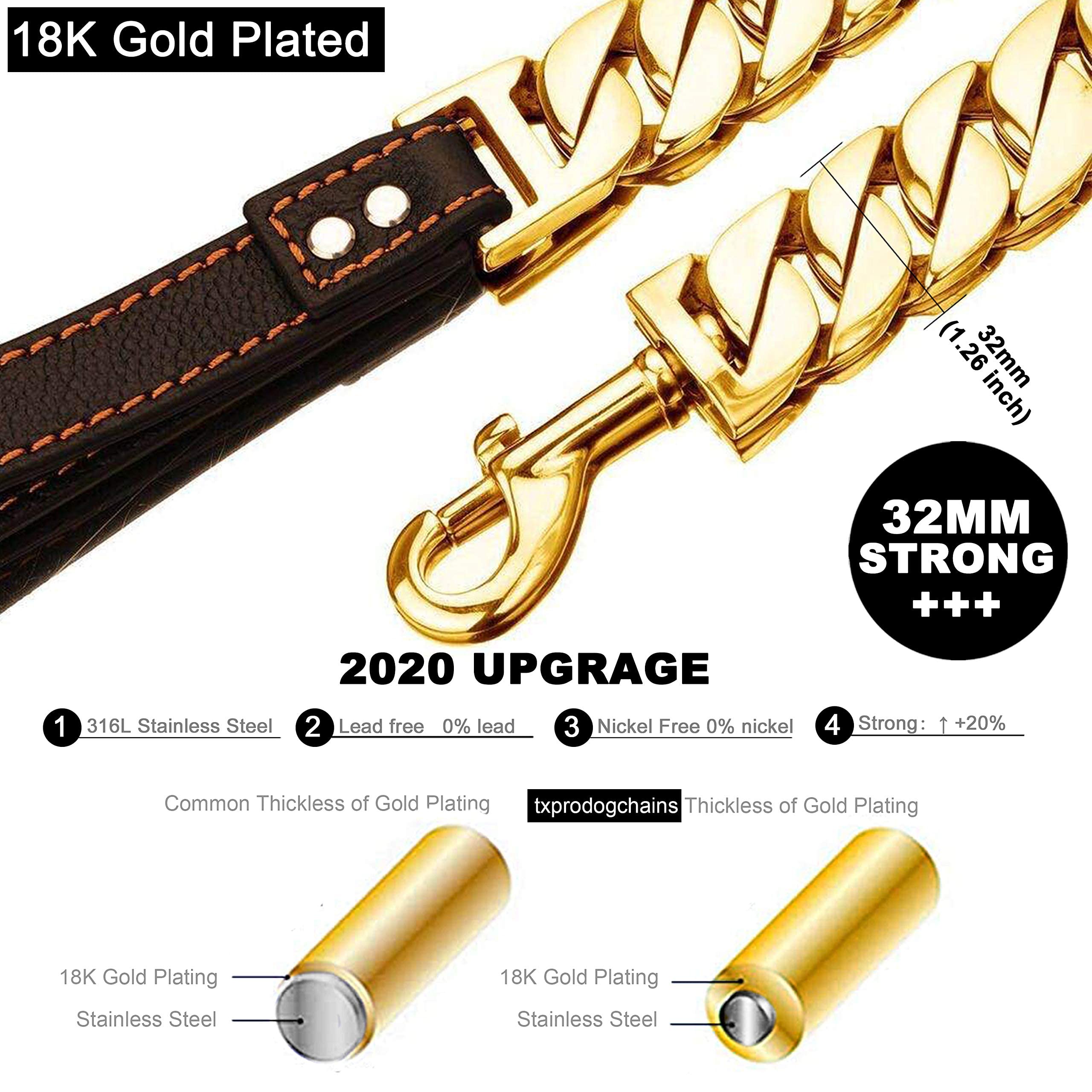 Big Chew Proof Dog Leash for Large Dogs, txprodogchains 32MM Thick Gold Chain Leash Heavy Duty Chain Dog Leash Stainless Steel D