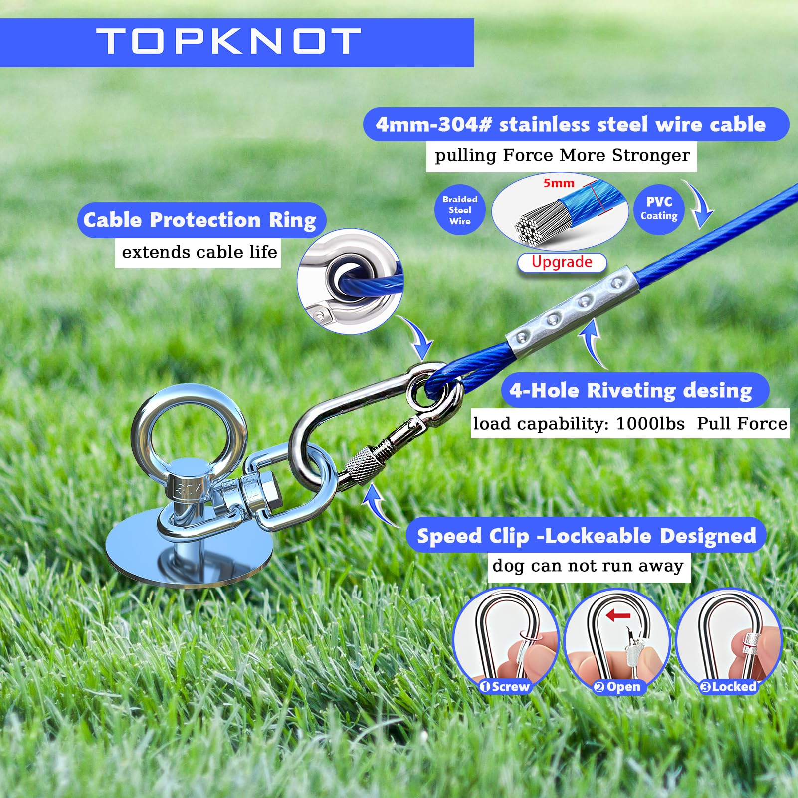 TOPKNOT Dog Tie Out Cable & Stake, 20FT Heavy Duty, 360° Swivel, Up to 200LBS, Silver/Bleu - Ideal for Outdoor Camping