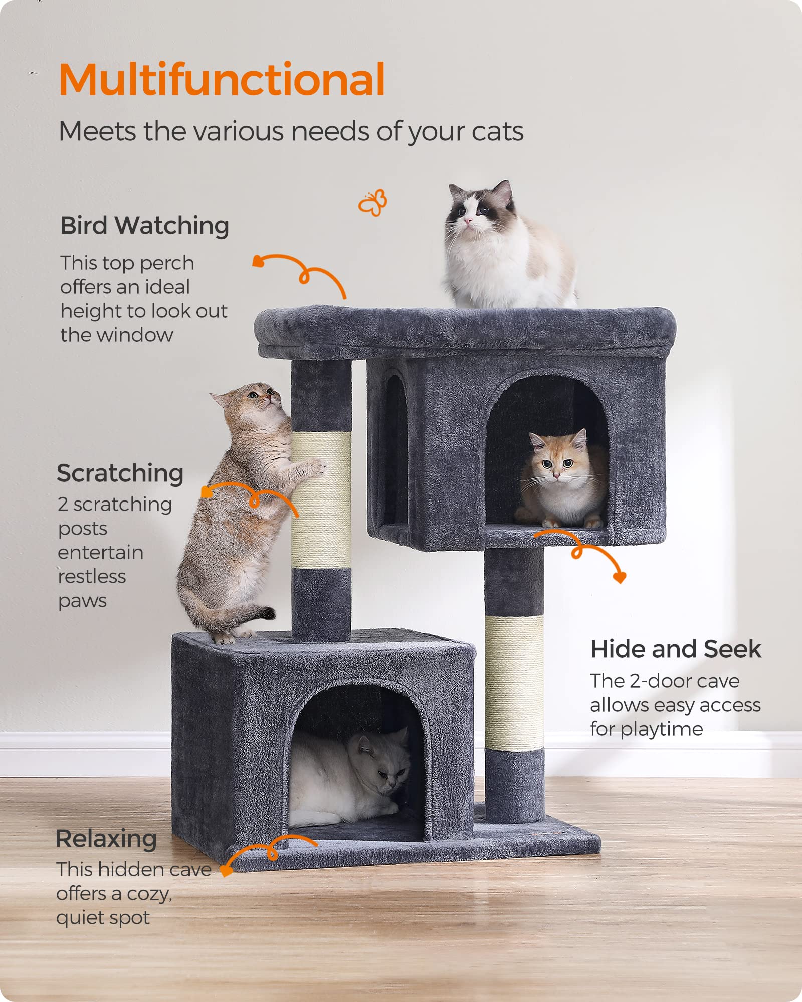 Feandrea Cat Tree, 39.8-Inch Cat Tower, Xl, Cat Condo For Extra Large Cats Up To 44 Lb, Large Cat Perch, 2 Cat Caves, Scratching
